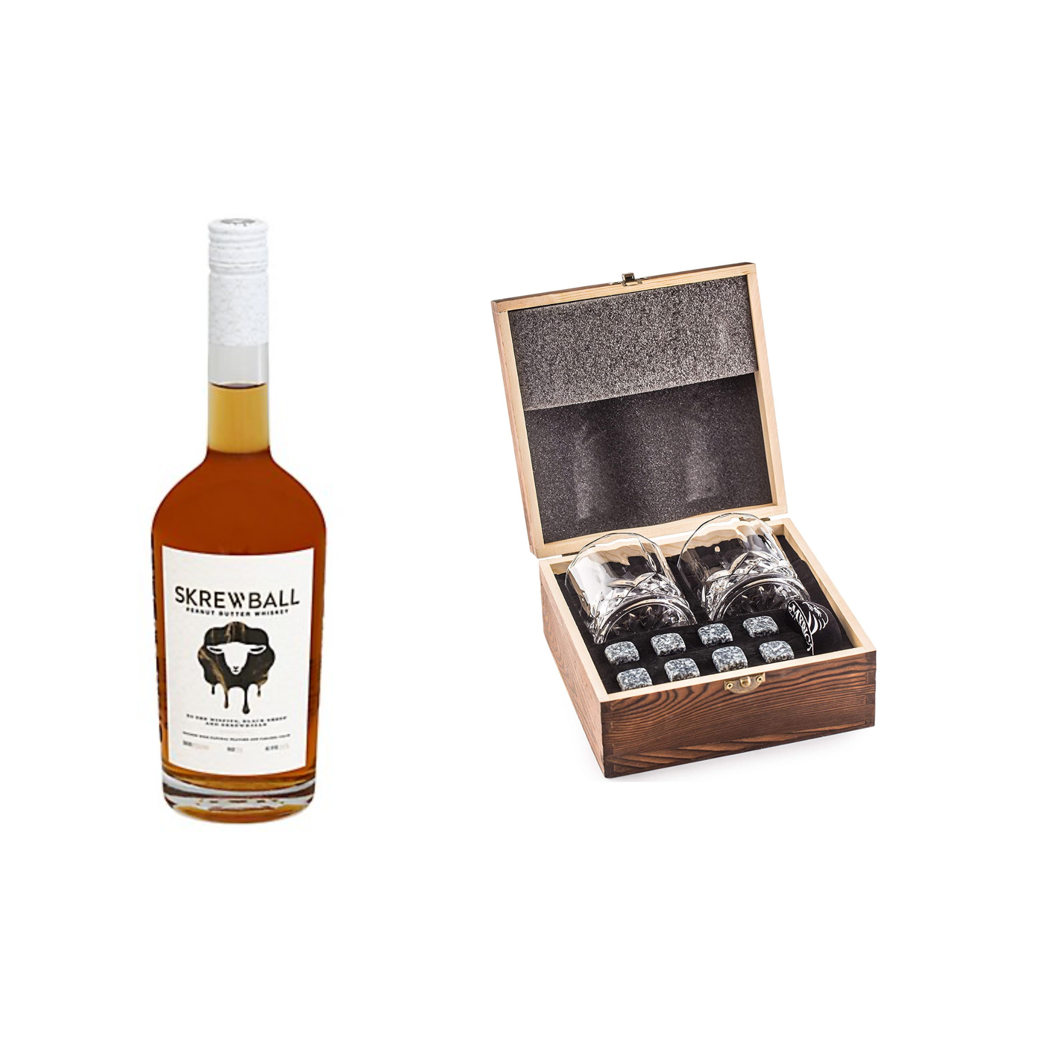 Skrewball Peanut Butter Whiskey gift set featuring a bottle of Liquor Geeks peanut butter whiskey and a glass.