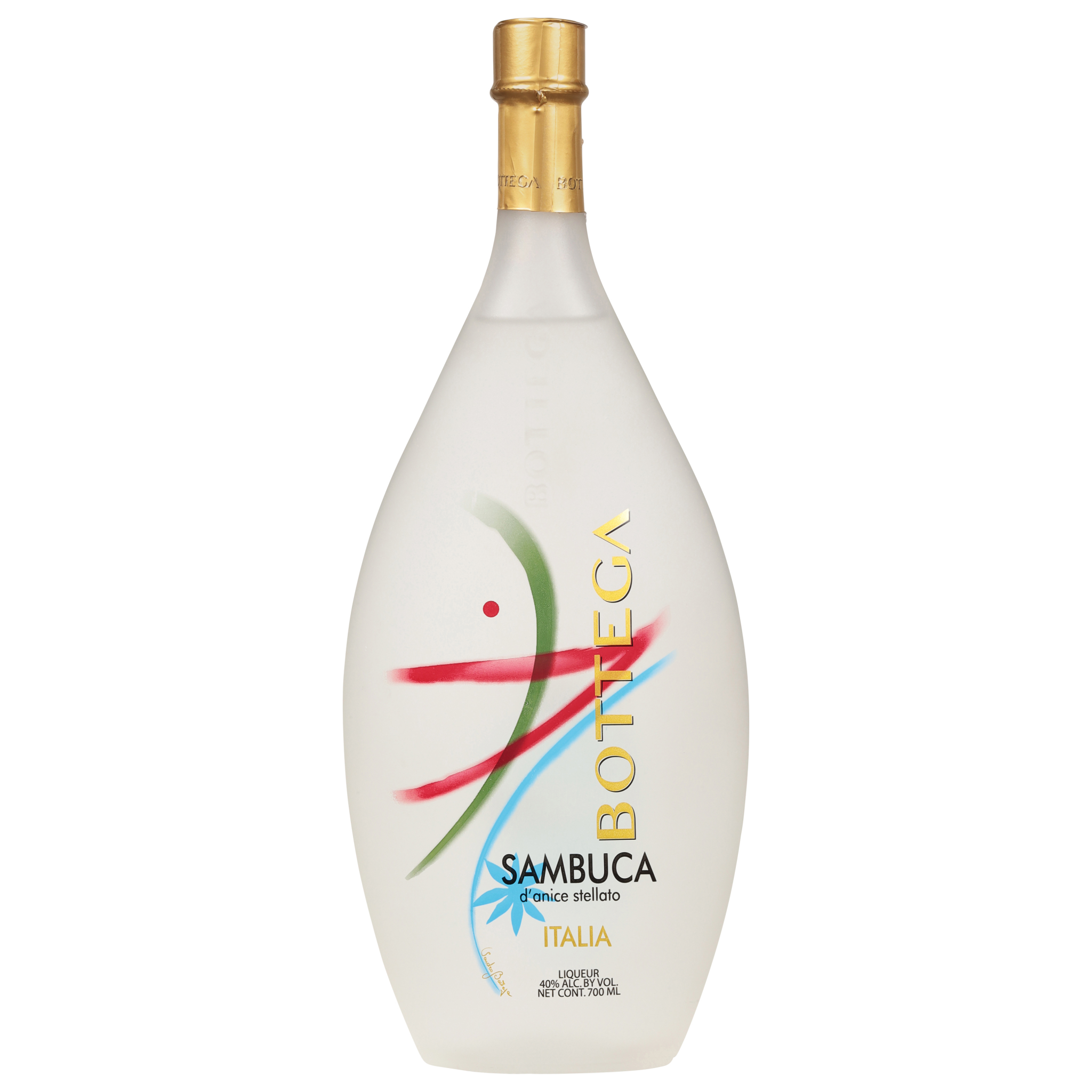 Bottle of Bottega Sambuca Liqueur in 700ml bottle from Liquor Geeks, featuring a clear glass bottle with a black and gold label.