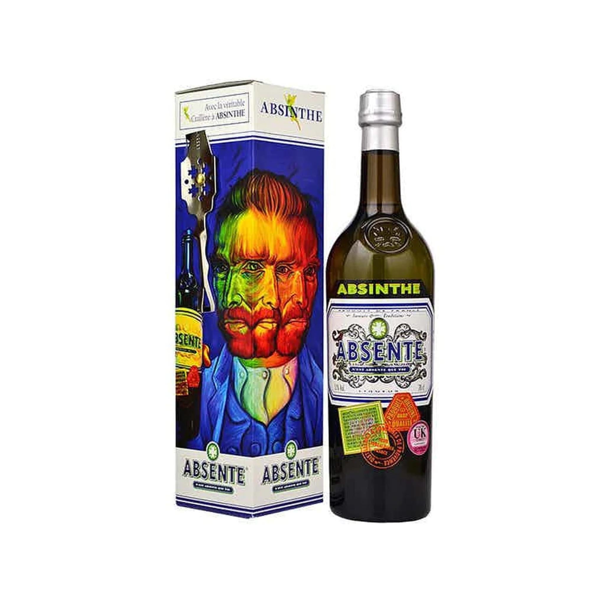 Bottle of Absente Absinthe liqueur with an absinthe spoon set on a dark background, showing the 750ml bottle and traditional serving accessories.