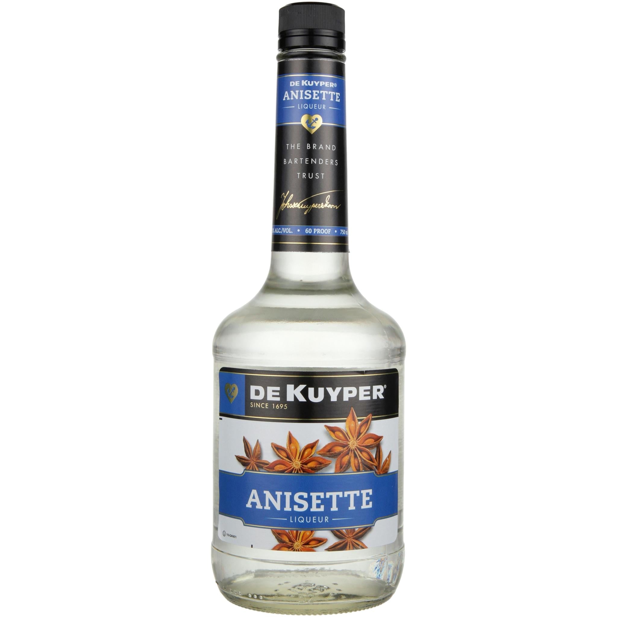 Bottle of Dekuyper Anisette Liqueur, a 750ml liquor with a clear glass bottle and colorful label from Liquor Geeks.