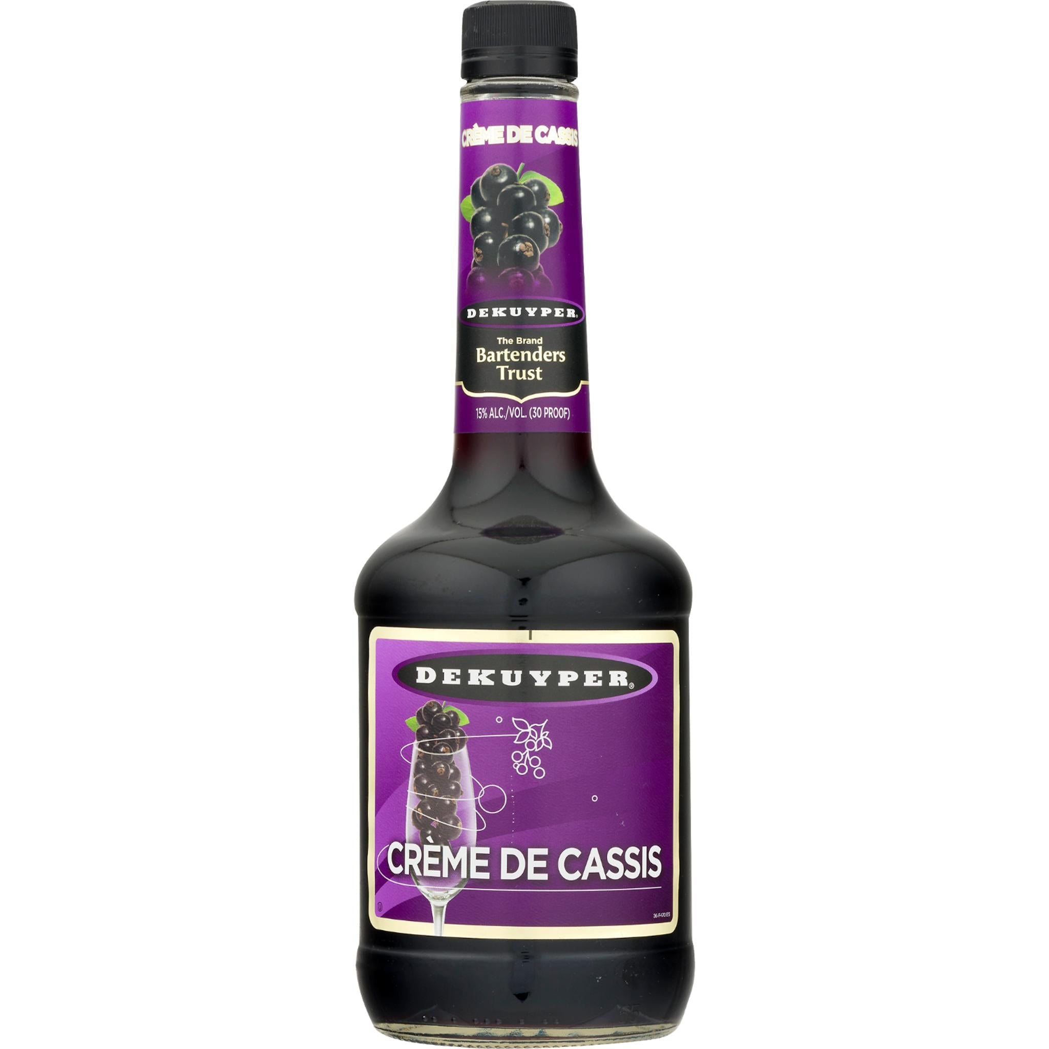 Bottle of Dekuyper Creme De Cassis Liqueur in 750ml size, featuring a dark purple liquid and branded label.