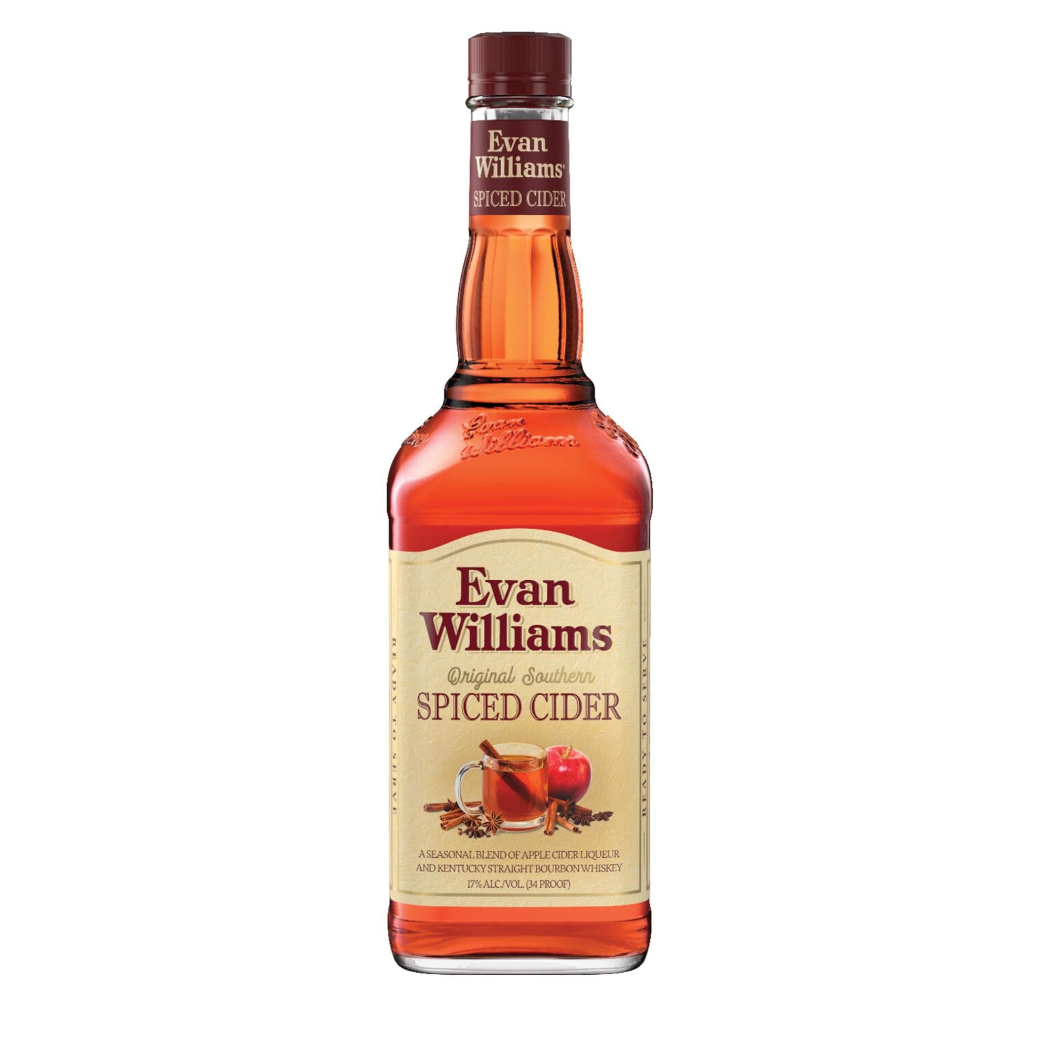Evan Williams Spiced Cider Liqueur bottle from Liquor Geeks, 750ml, with a label featuring spiced apple cider flavor.