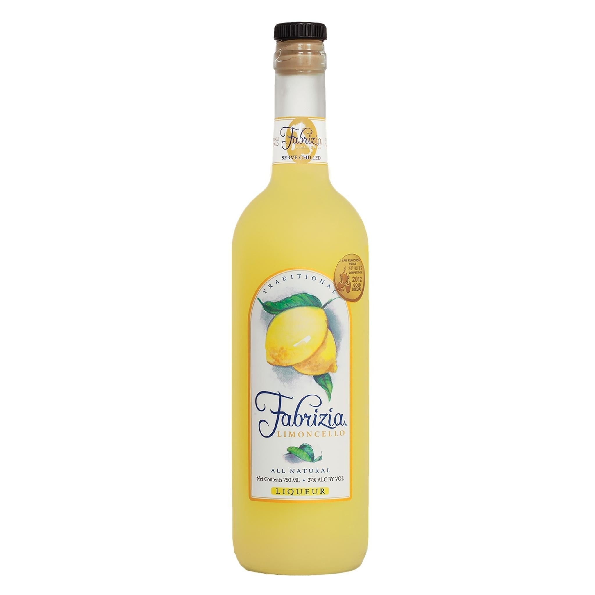 Fabrizia Limoncello Liqueur bottle from Liquor Geeks, 750ml, with bright yellow lemon-flavored liqueur in clear glass bottle.