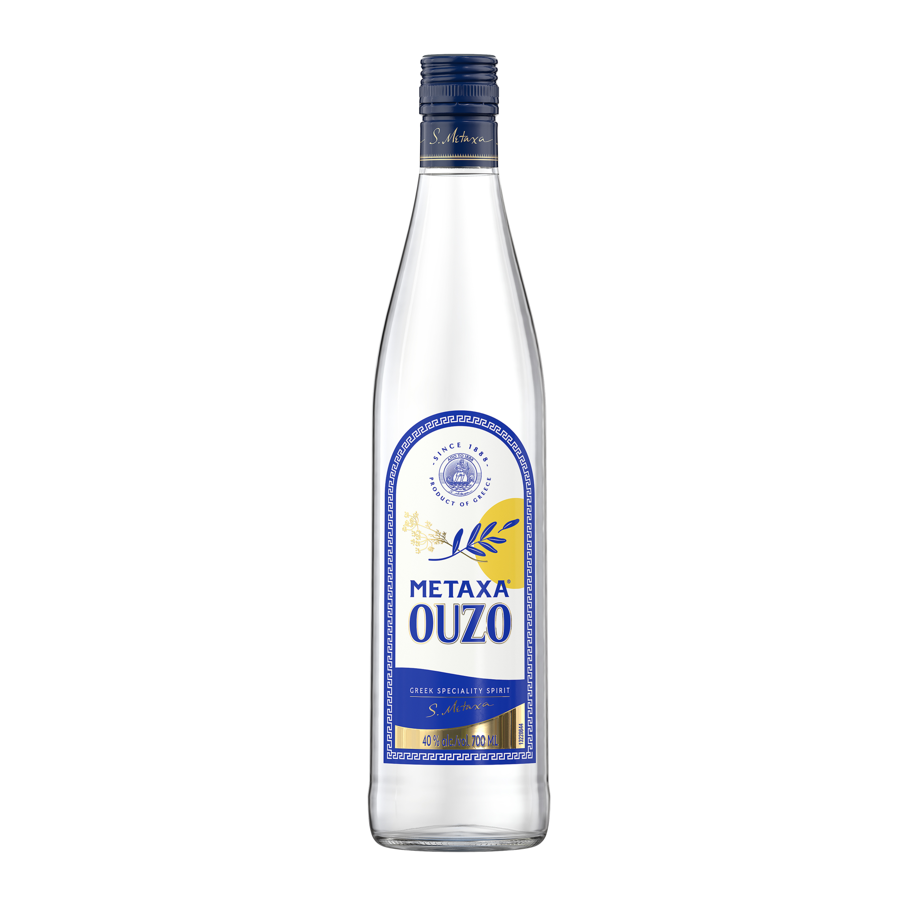 Bottle of Metaxa Ouza Liqueur from Liquor Geeks, 750ml, featuring a clear glass bottle with a label and golden cap.