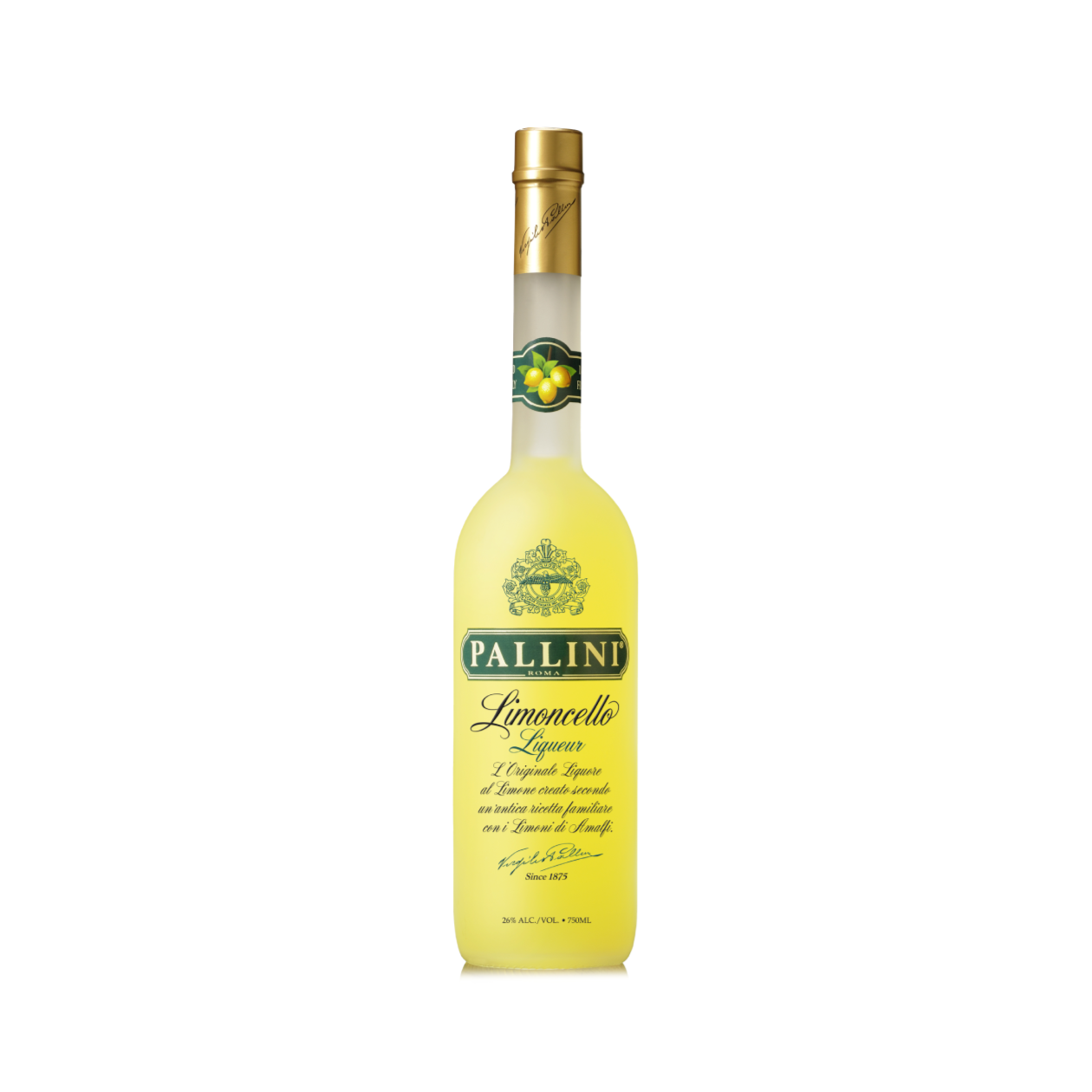 Bottle of Pallini Limoncello Liqueur by Liquor Geeks, 750ml, with bright yellow lemon flavor and clear glass bottle.