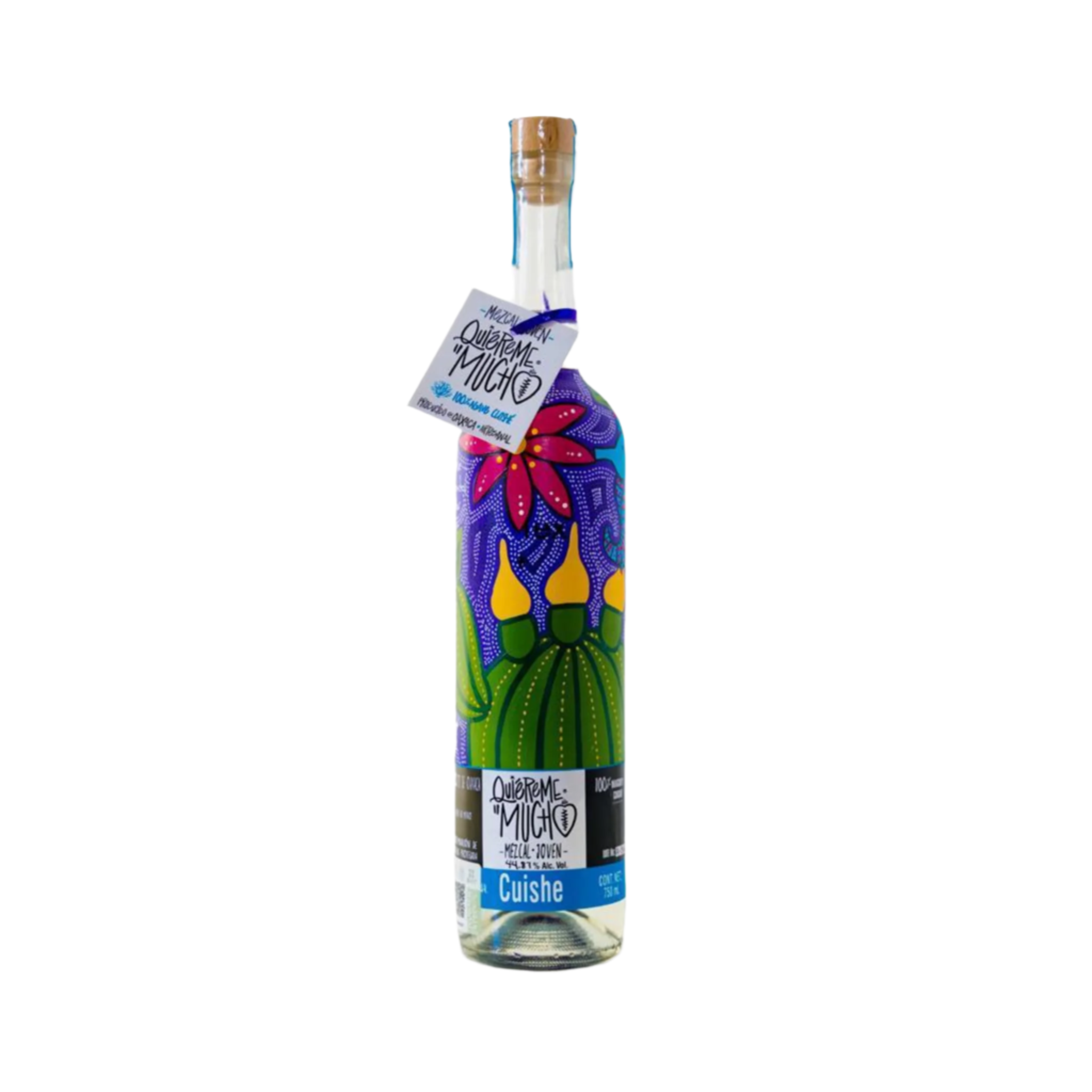 Bottle of Liquor Geeks Quiereme Mucho Cuishe Mezcal in 750ml bottle, showcasing the colorful label and traditional glass packaging.