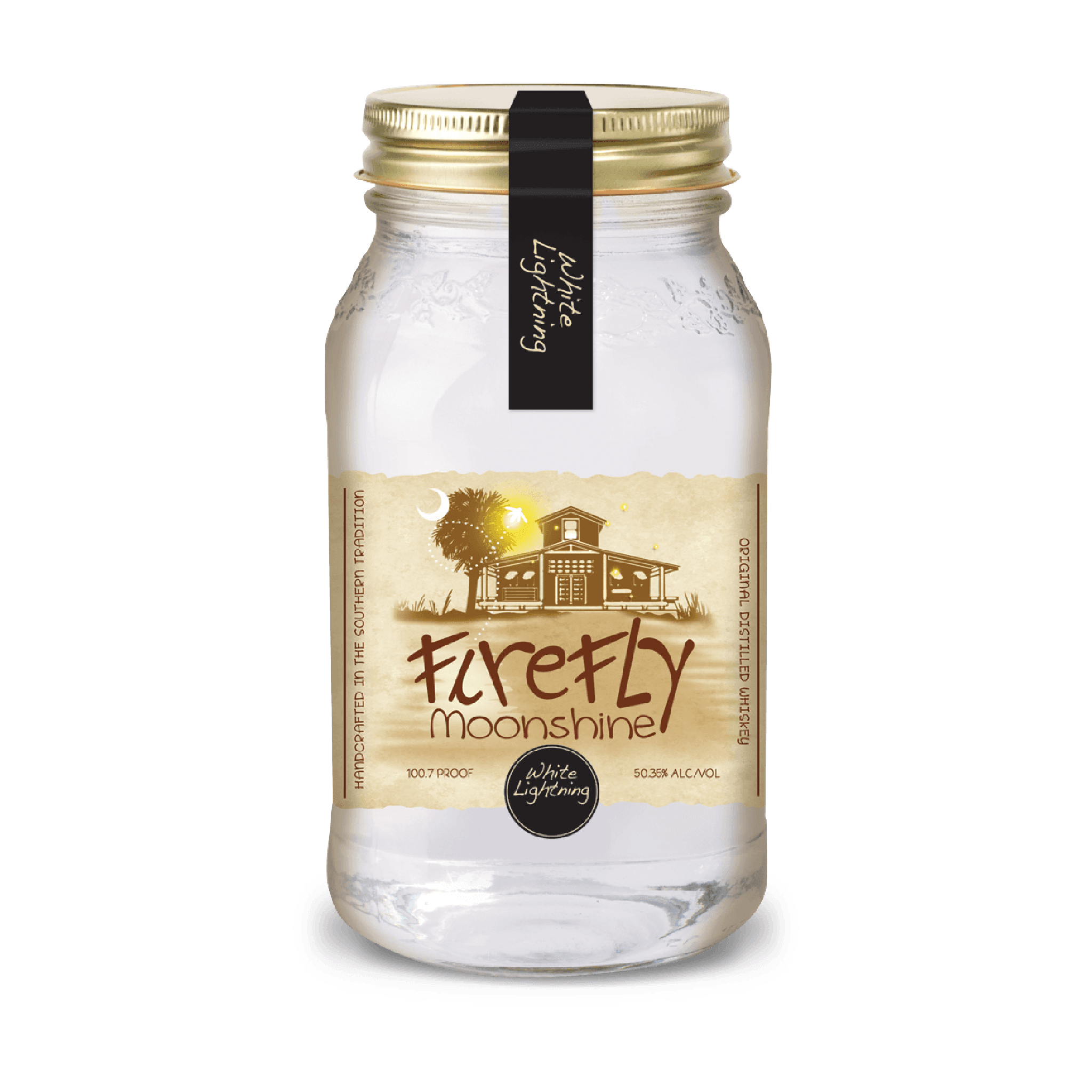 Bottle of Liquor Geeks Firefly White Lightning Moonshine in a 750ml clear glass bottle with a colorful label.