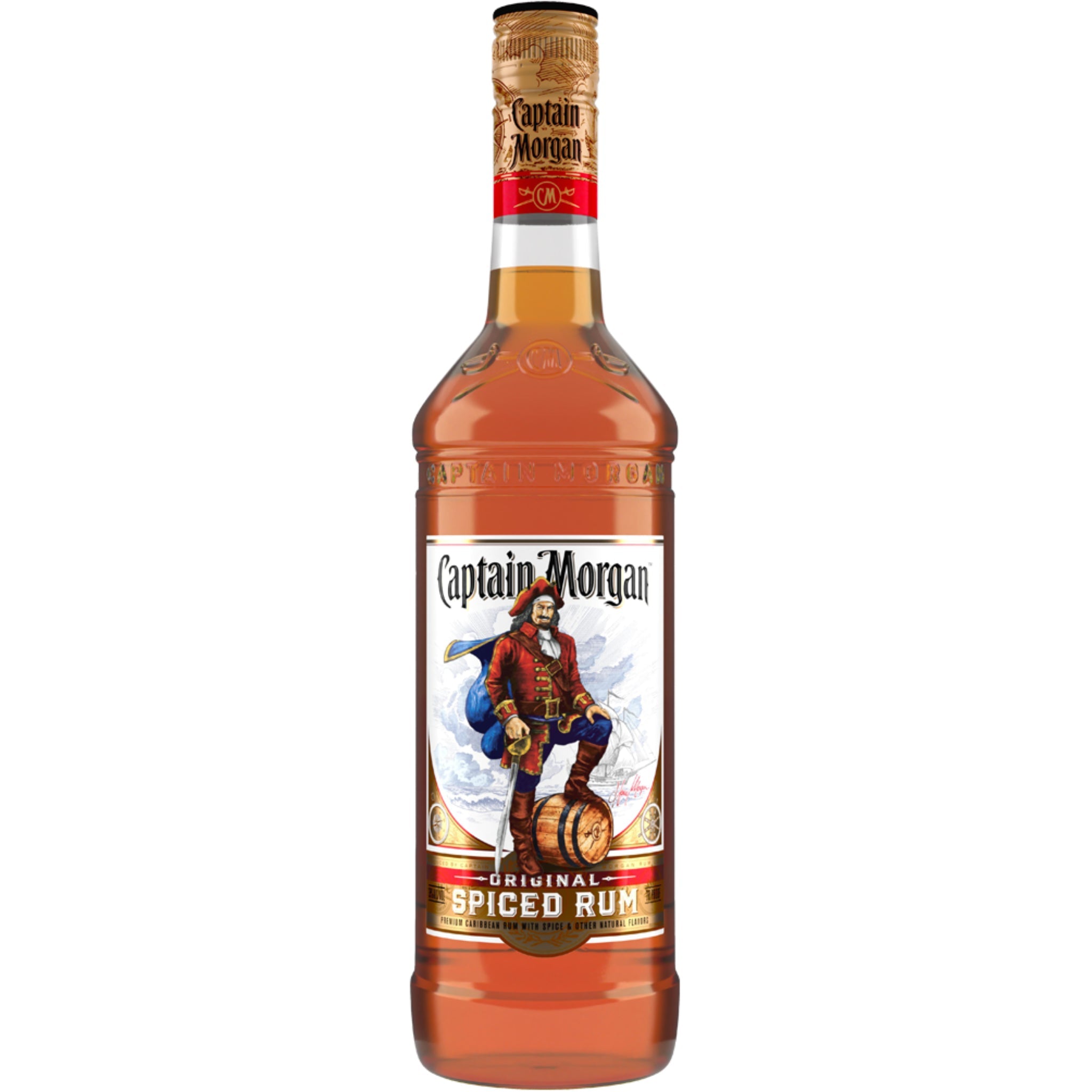 Bottle of Captain Morgan Spiced Rum in 750ml size, displayed with label and cap, from Liquor Geeks.