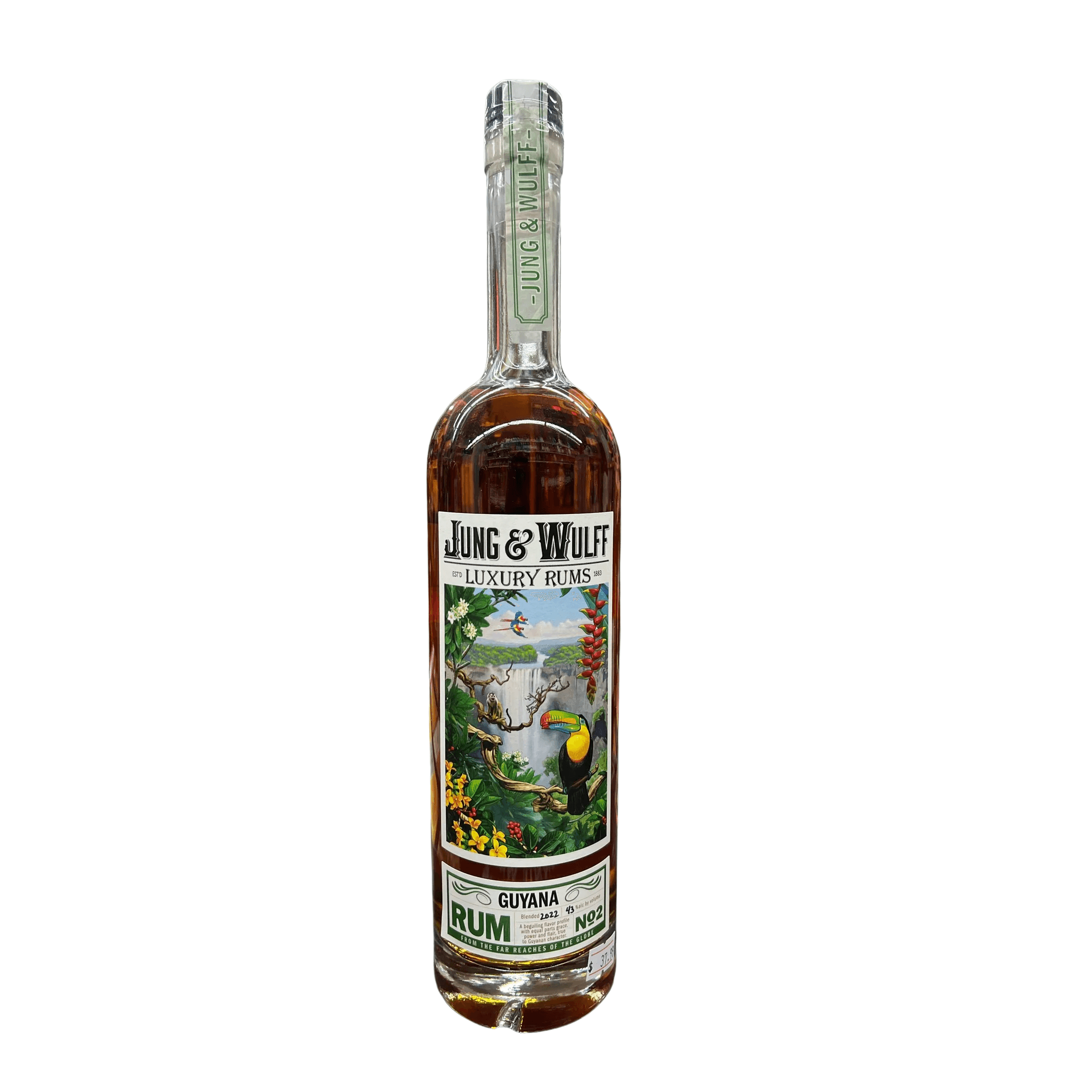 Bottle of Jung & Wulff Guyana Luxury Rum by Liquor Geeks, 750ml, showcasing the elegant label and dark amber liquid inside.