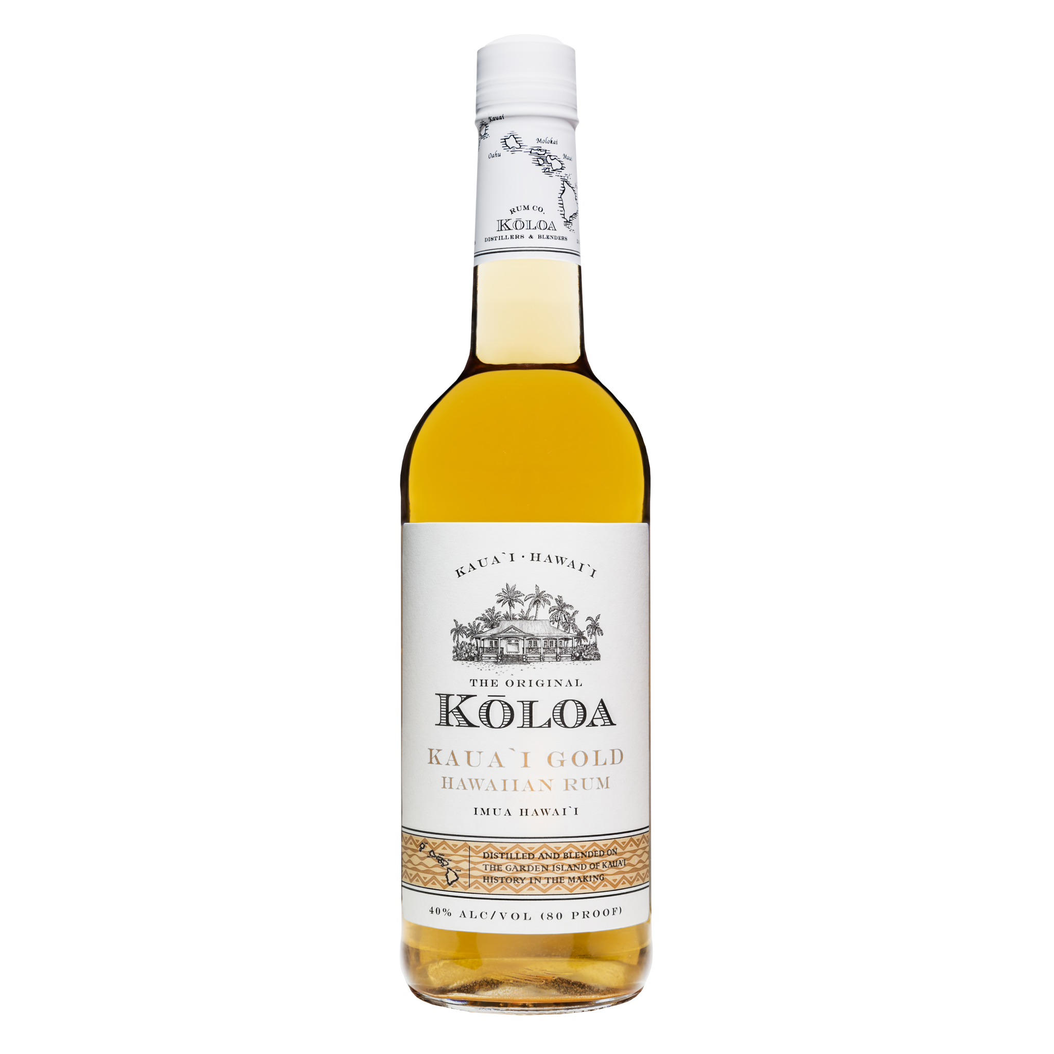 Bottle of Liquor Geeks Koloa Kauai Gold Rum in a 750ml bottle with a gold label and tropical-themed design.