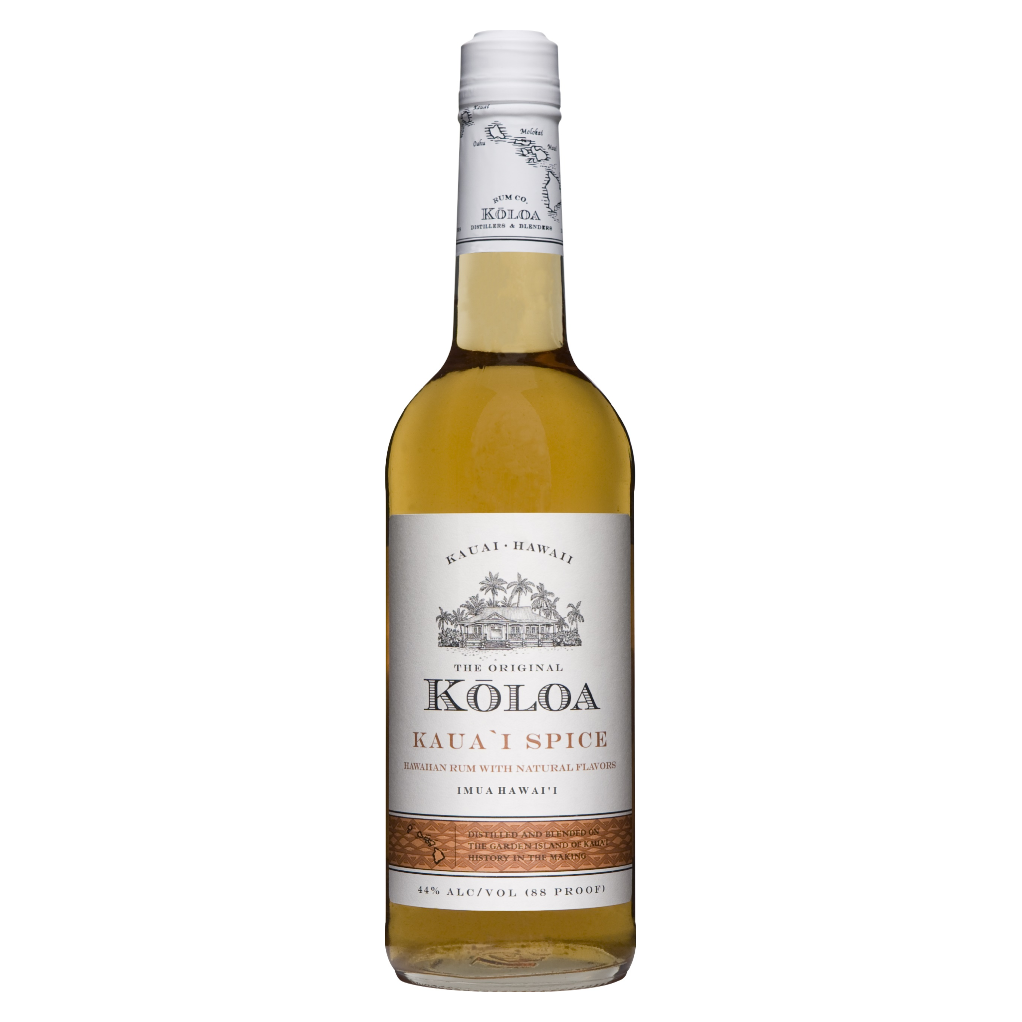 Bottle of Liquor Geeks Koloa Kauai Spiced Rum in a 750ml bottle with a tropical label and dark amber liquid inside.