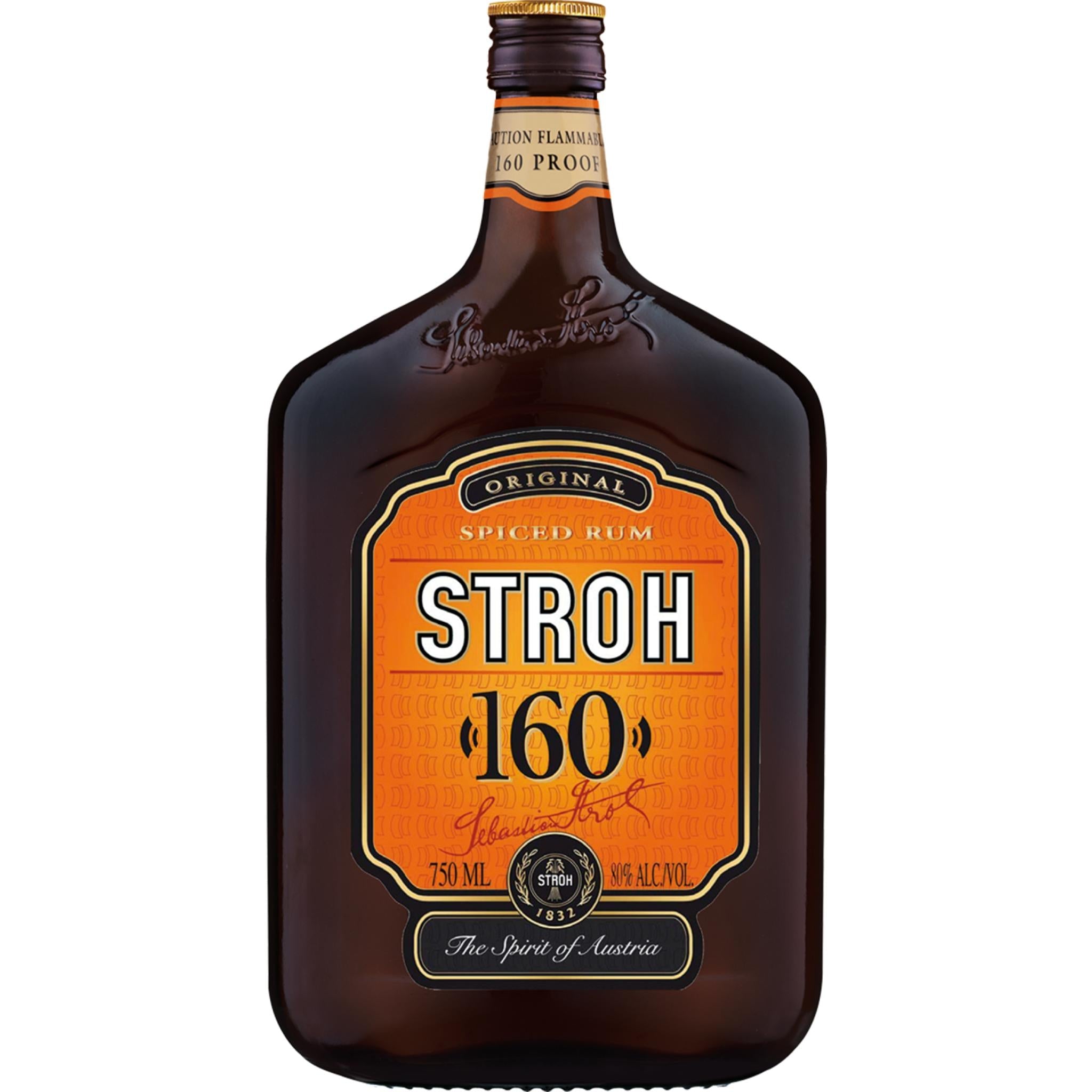 Bottle of Liquor Geeks Stroh Spiced Rum Original, 750ml, with amber-colored liquid and distinctive label.