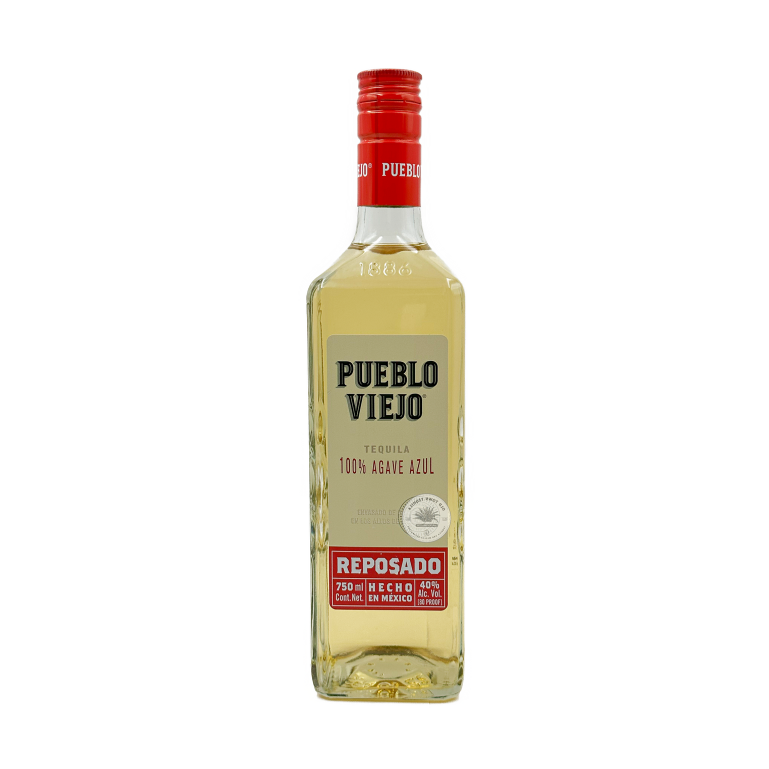 Bottle of Pueblo Viejo Reposado Tequila by Liquor Geeks, 700ml, with amber-colored tequila in a clear glass bottle.