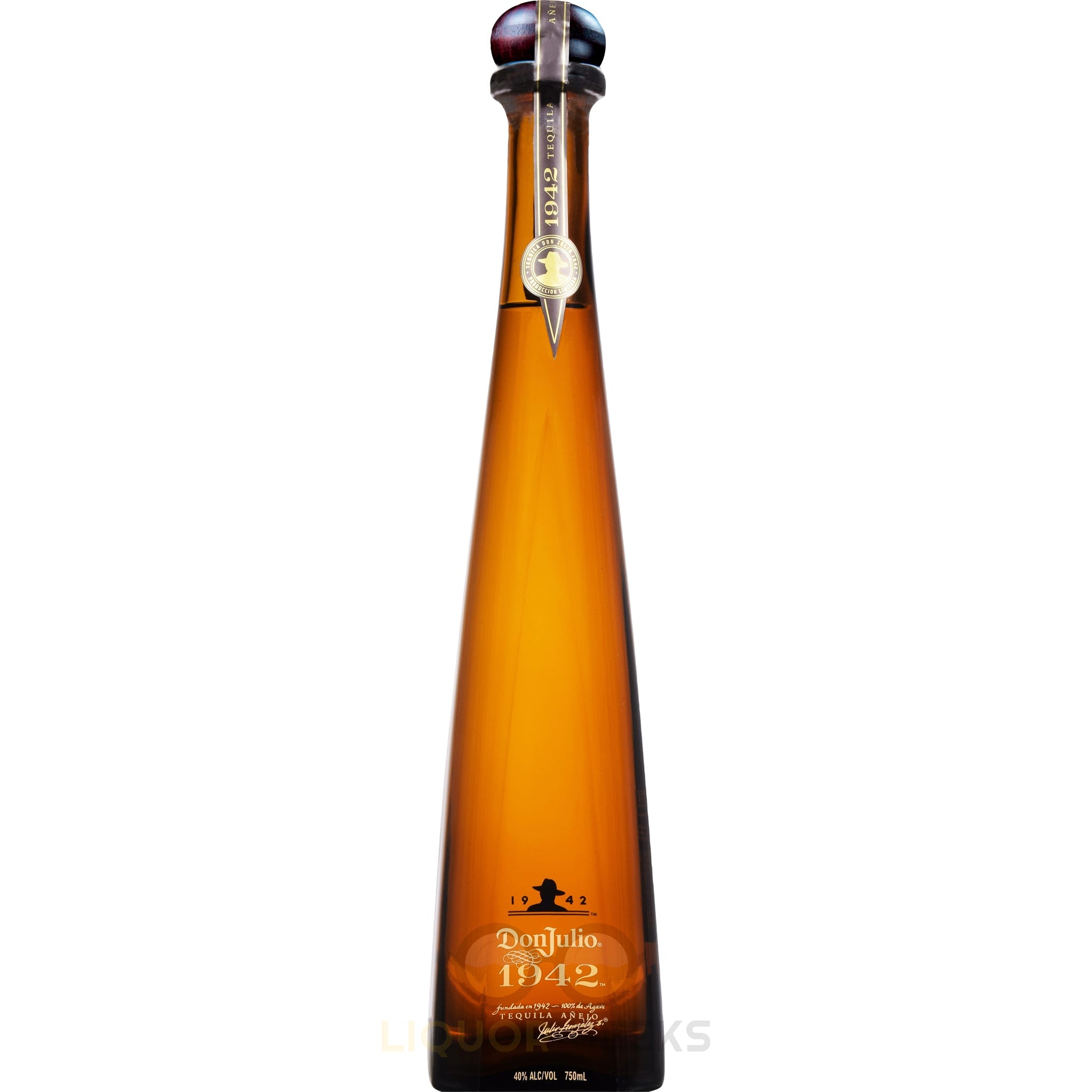 Bottle of Don Julio 1942 Tequila Anejo in clear glass with label, featuring a premium tequila from Liquor Geeks.