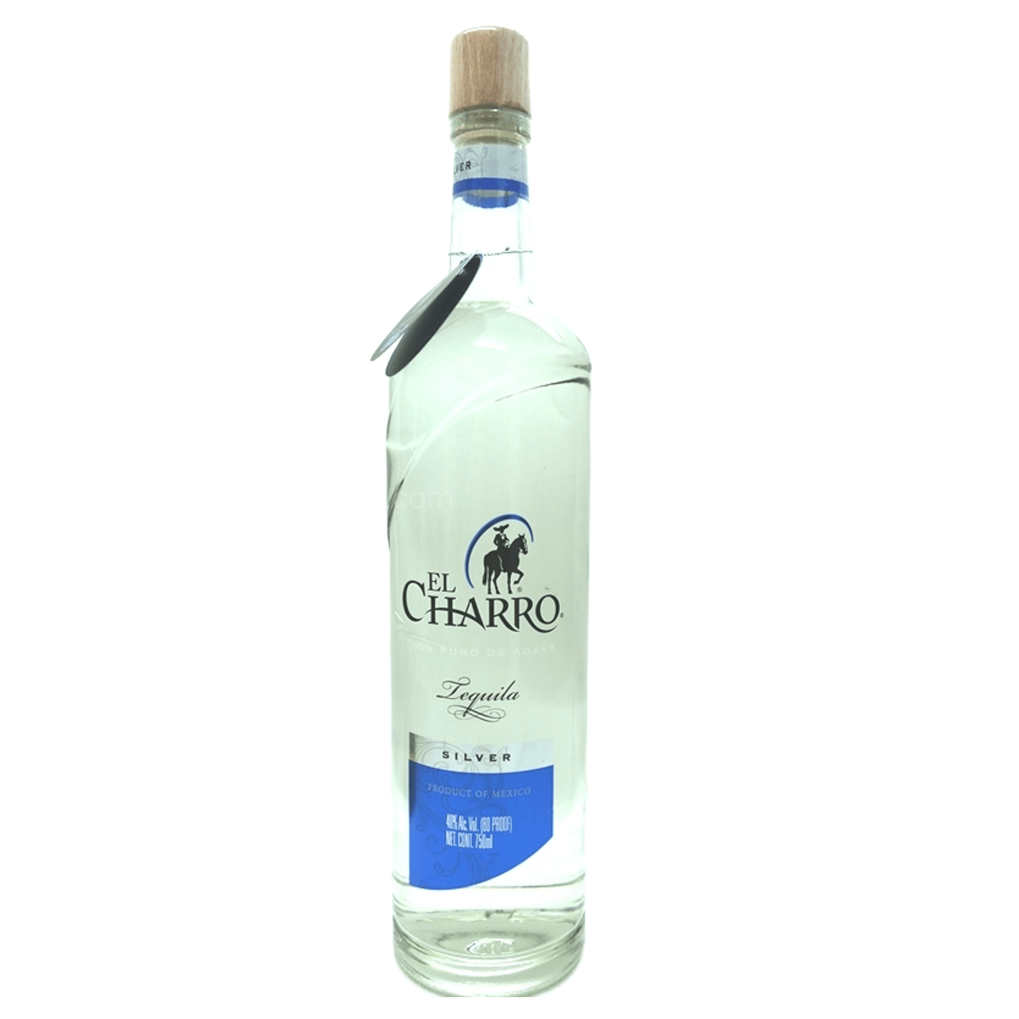 El Charro Silver Tequila bottle, 750ml, with clear glass and silver label, showcasing the premium tequila&