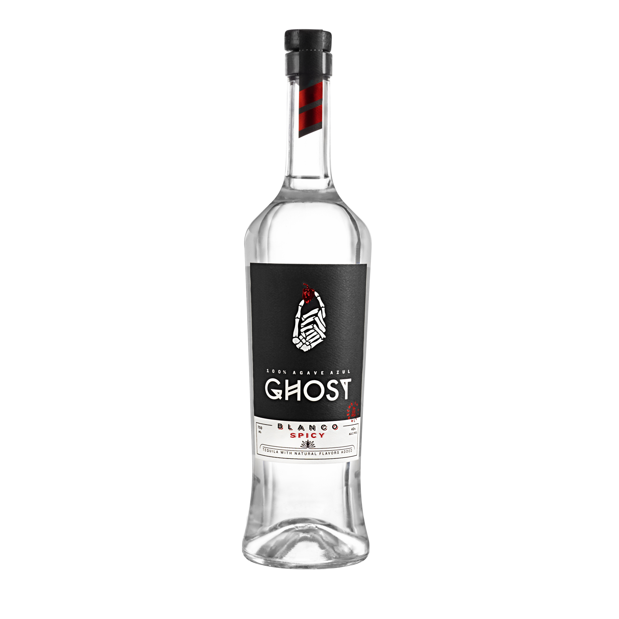 Clear bottle of Ghost Blanco Tequila by Liquor Geeks, showcasing its label and 750ml size on a plain background.