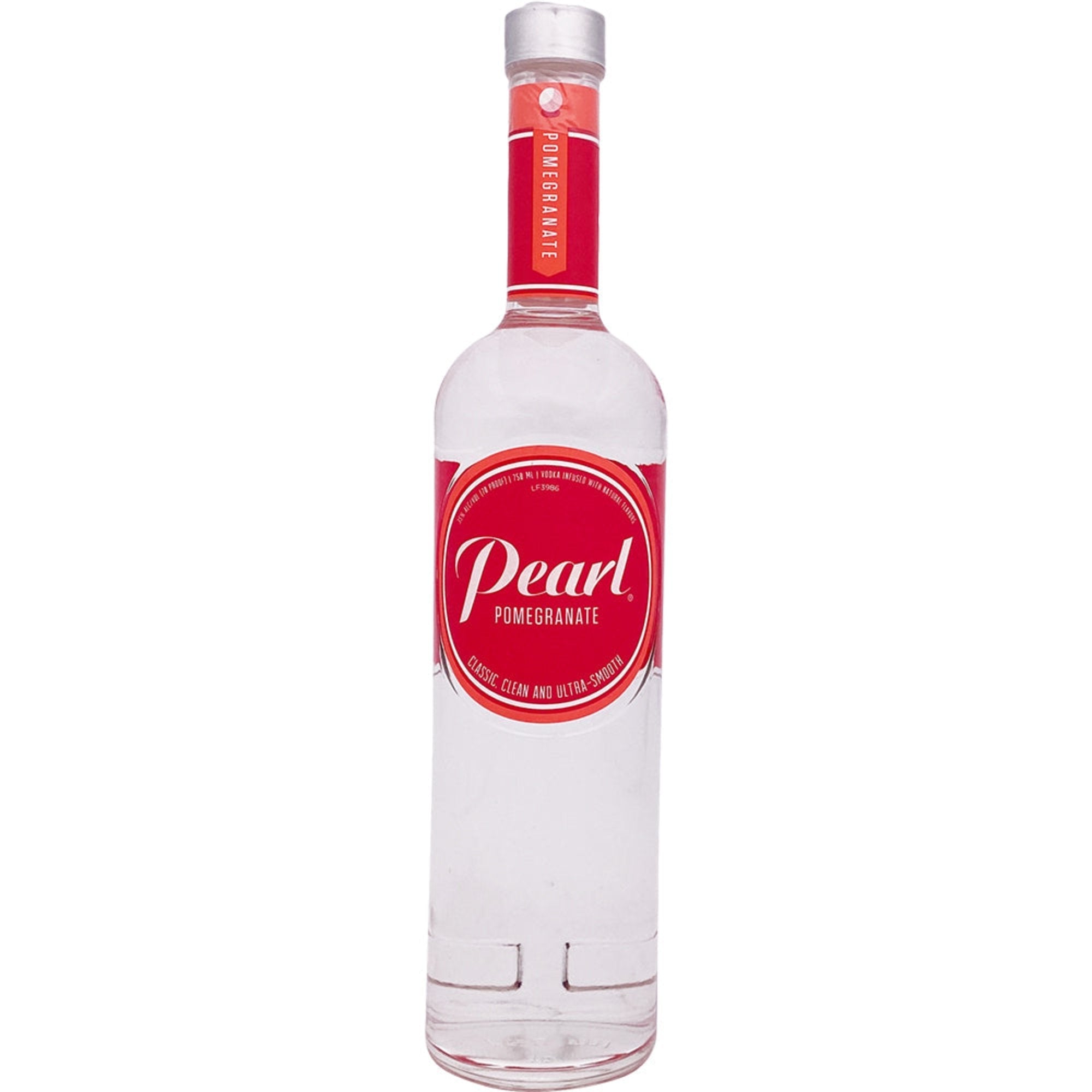 Bottle of Liquor Geeks Pearl Pomegranate Vodka 750ml with clear label and elegant design.