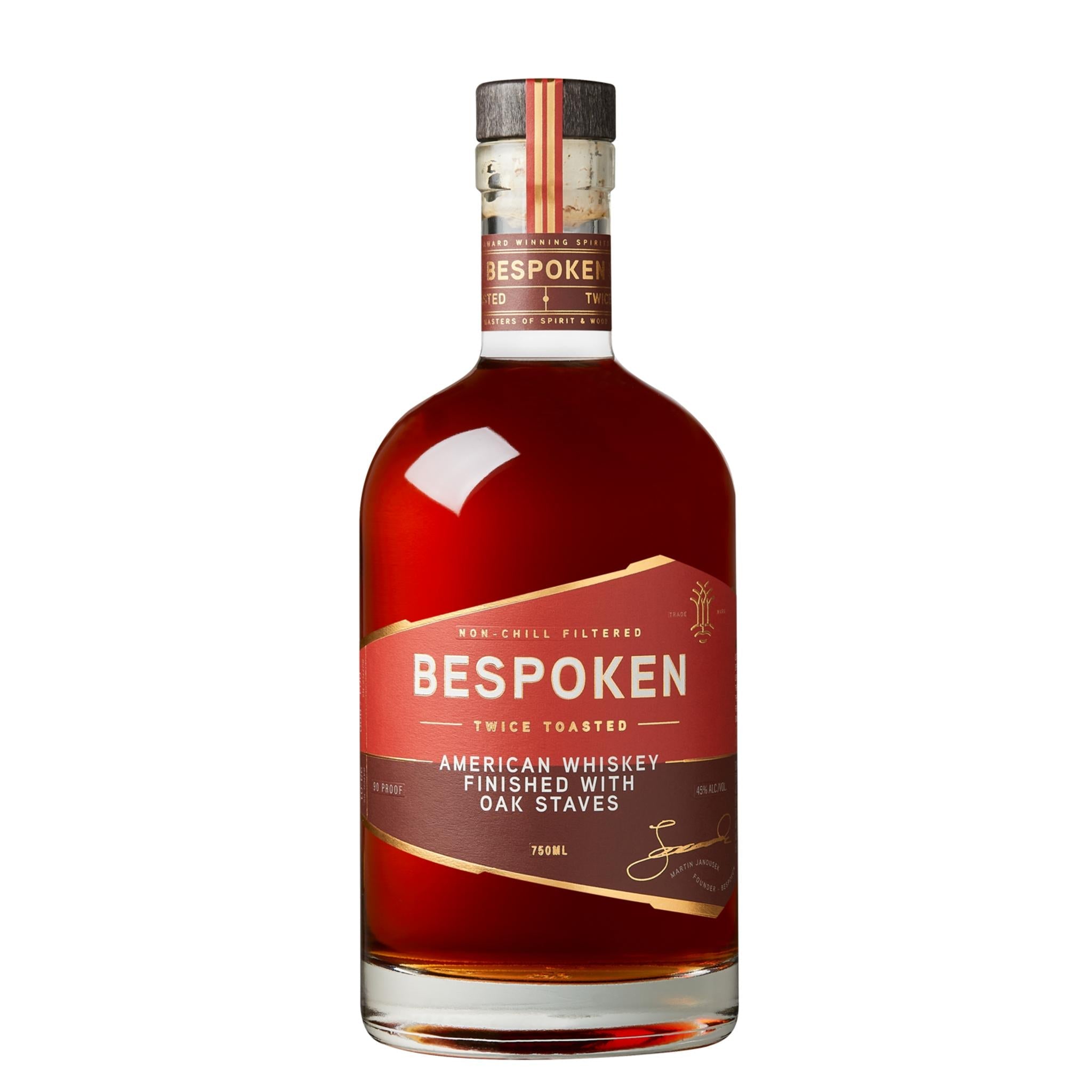 Bespoken Spirits Blended American Whiskey by Liquor Geeks in a 750ml bottle, featuring twice toasted oak for rich flavor.