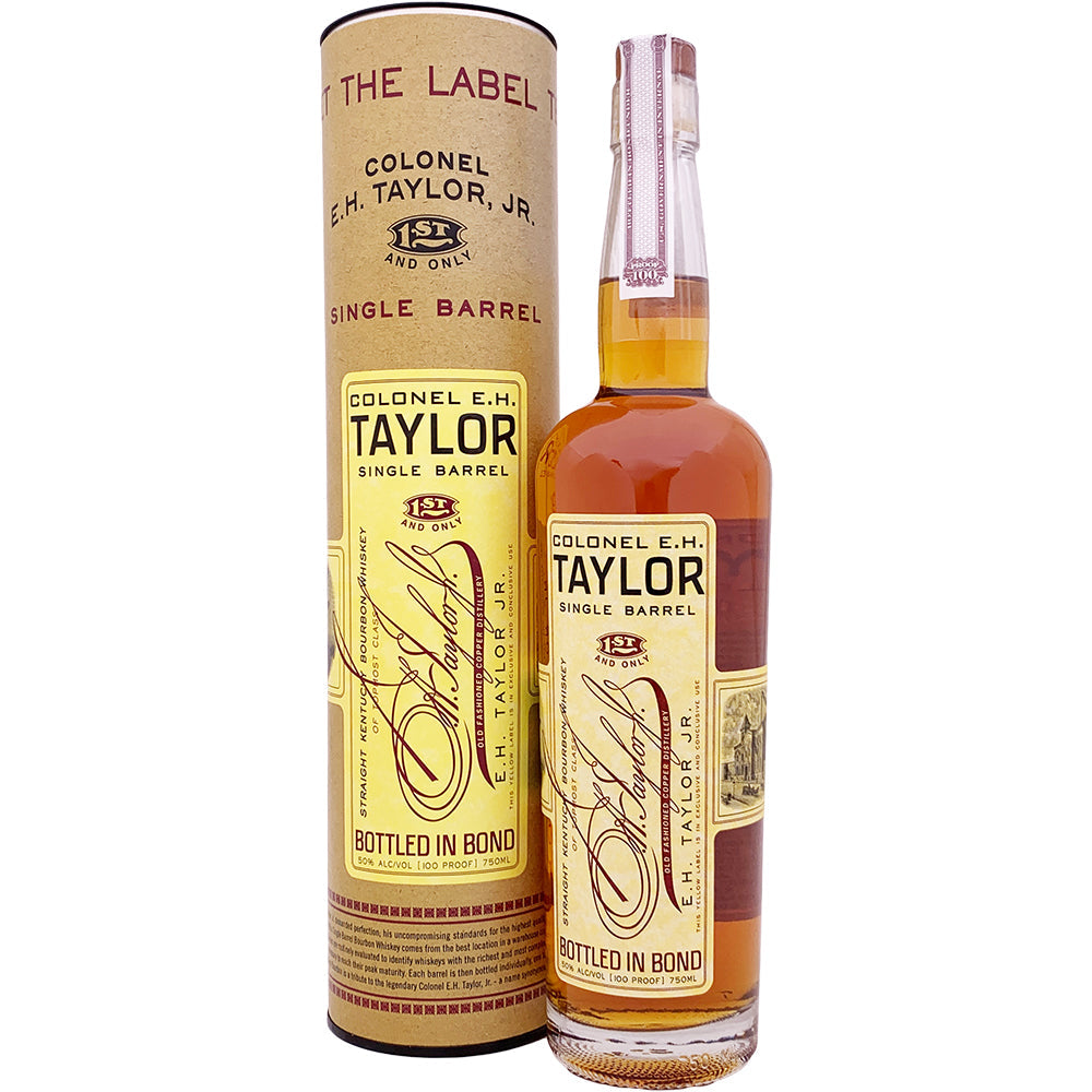 Bottle of Colonel E.H. Taylor Single Barrel Bourbon Whiskey with label visible, 750ml Liquor Geeks product.