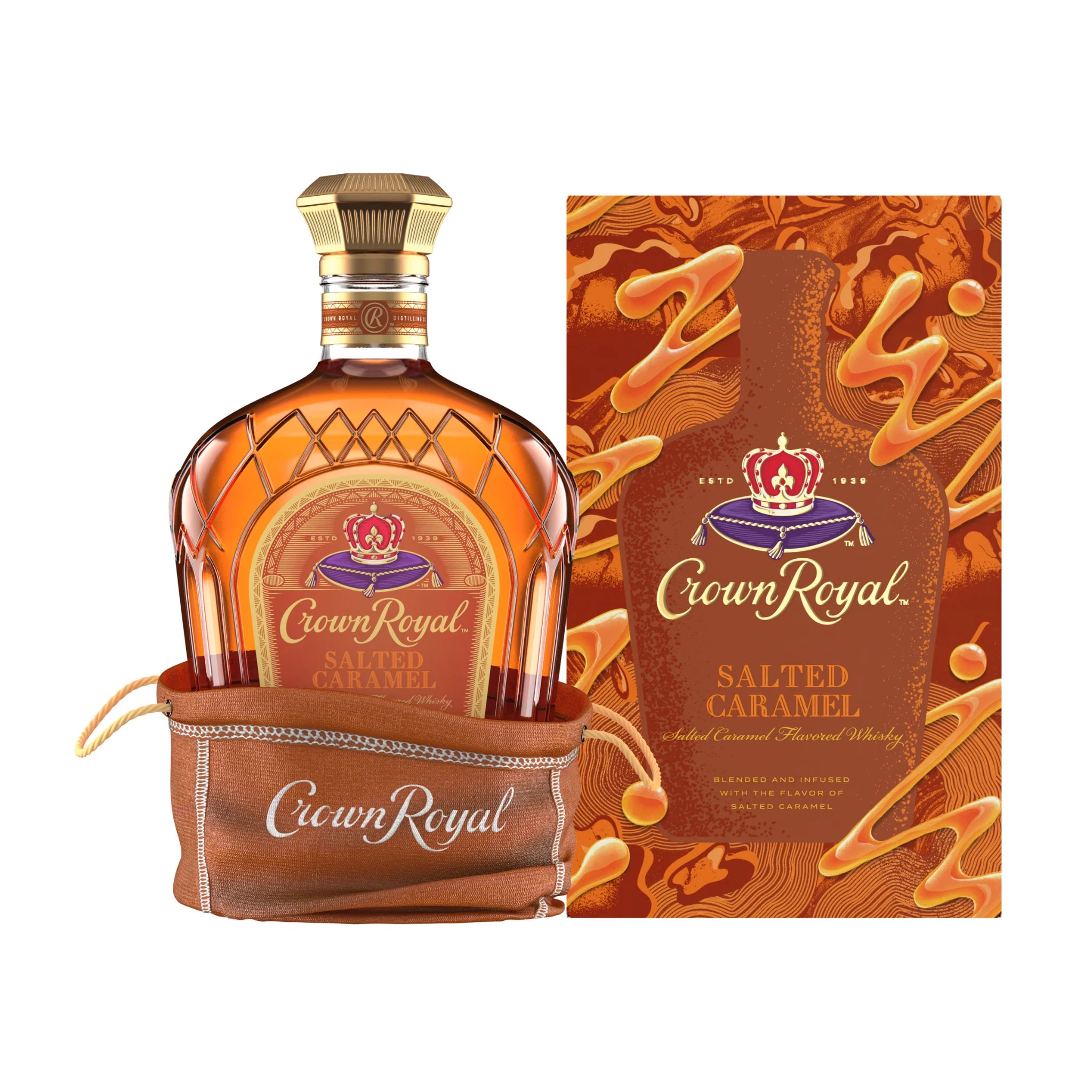 Liquor Geeks Crown Royal Salted Caramel Flavored Whiskey bottle, 750ml, with a caramel-colored liquid and branded label.
