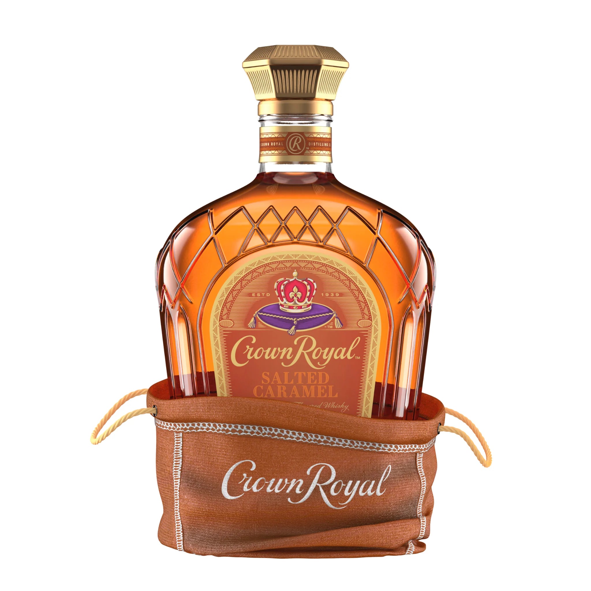 Bottle of Crown Royal Salted Caramel Flavored Whiskey by Liquor Geeks, 750 ml, featuring caramel-colored whiskey in a branded bottle.