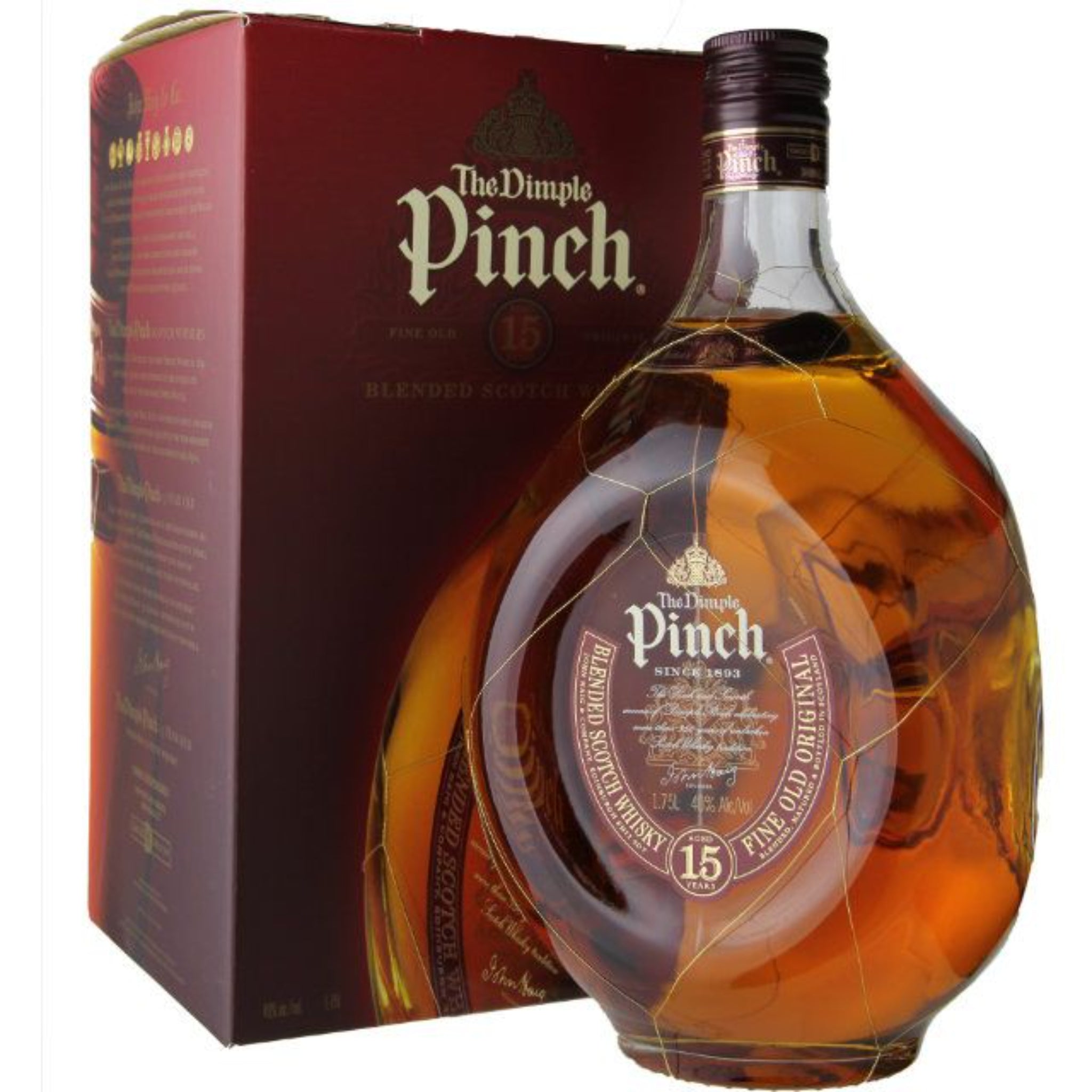 Dimple Pinch 15 Year Blended Scotch whiskey bottle by Liquor Geeks, showing the label and glass pour on a wooden surface.