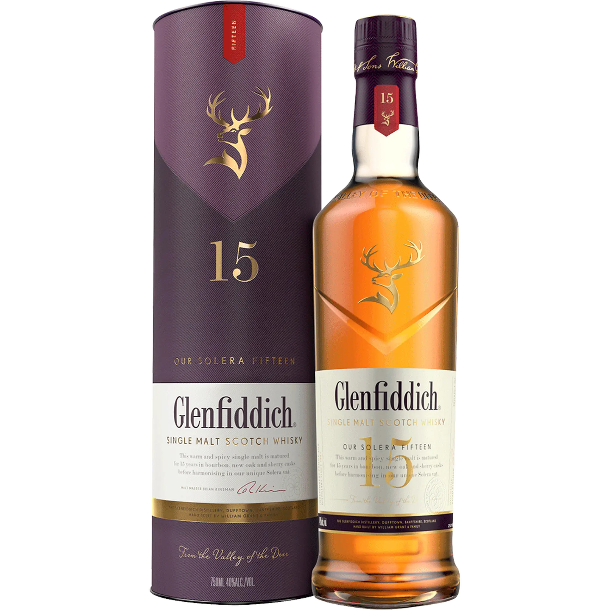 Glenfiddich 15 Year Old Single Malt Scotch Whiskey bottle with label, clear glass, and cap, displayed on a neutral background.