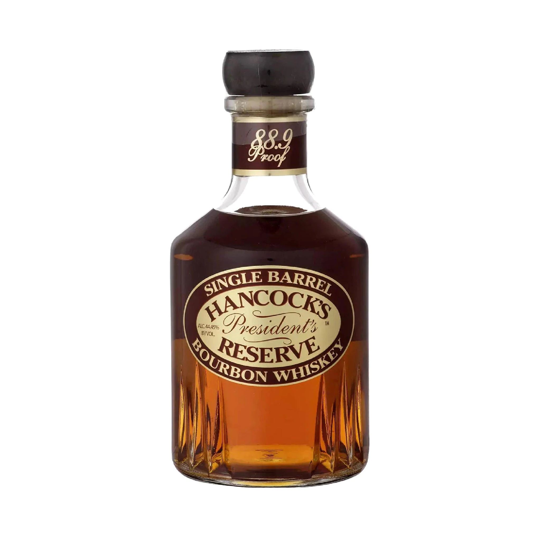 Bottle of Hancock’s President’s Reserve Single Barrel Bourbon whiskey from Liquor Geeks, featuring a clear glass bottle and label.