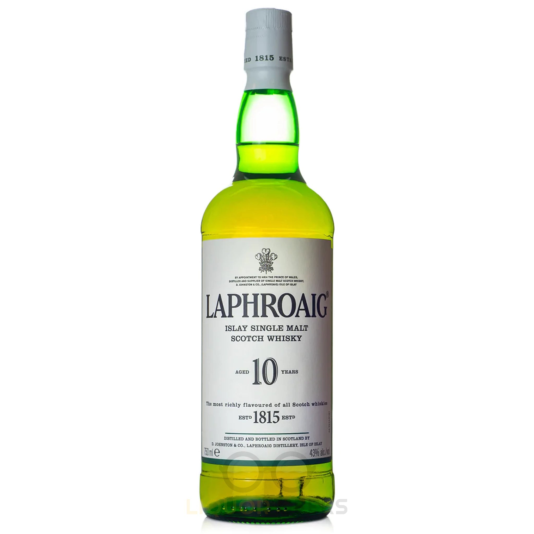 Laphroaig Single Malt Scotch Whiskey in a 750ml bottle, featuring dark amber liquid and a label with traditional branding.