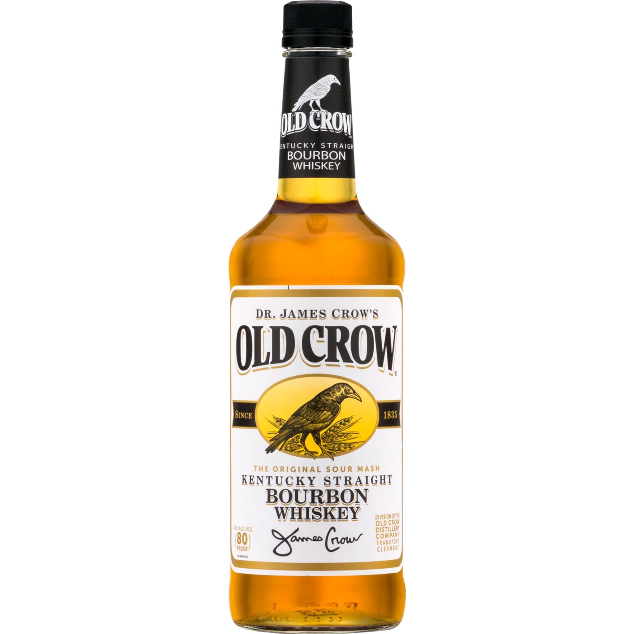 Old Crow Straight Bourbon whiskey bottle, 3-year aged liquor from Liquor Geeks, with distinctive label and amber liquid inside.
