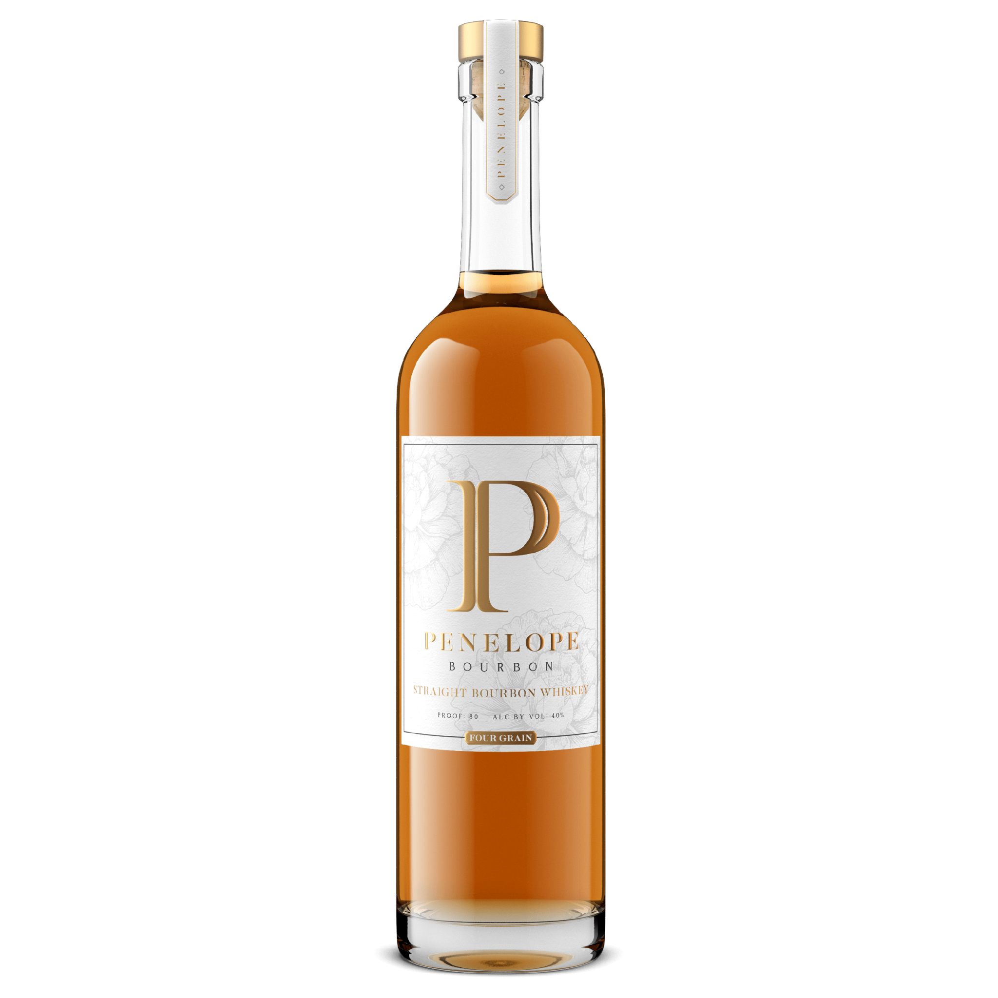 Bottle of Penelope Bourbon Four Grain Whiskey by Liquor Geeks, 750ml, showcasing the amber whiskey inside clear glass.