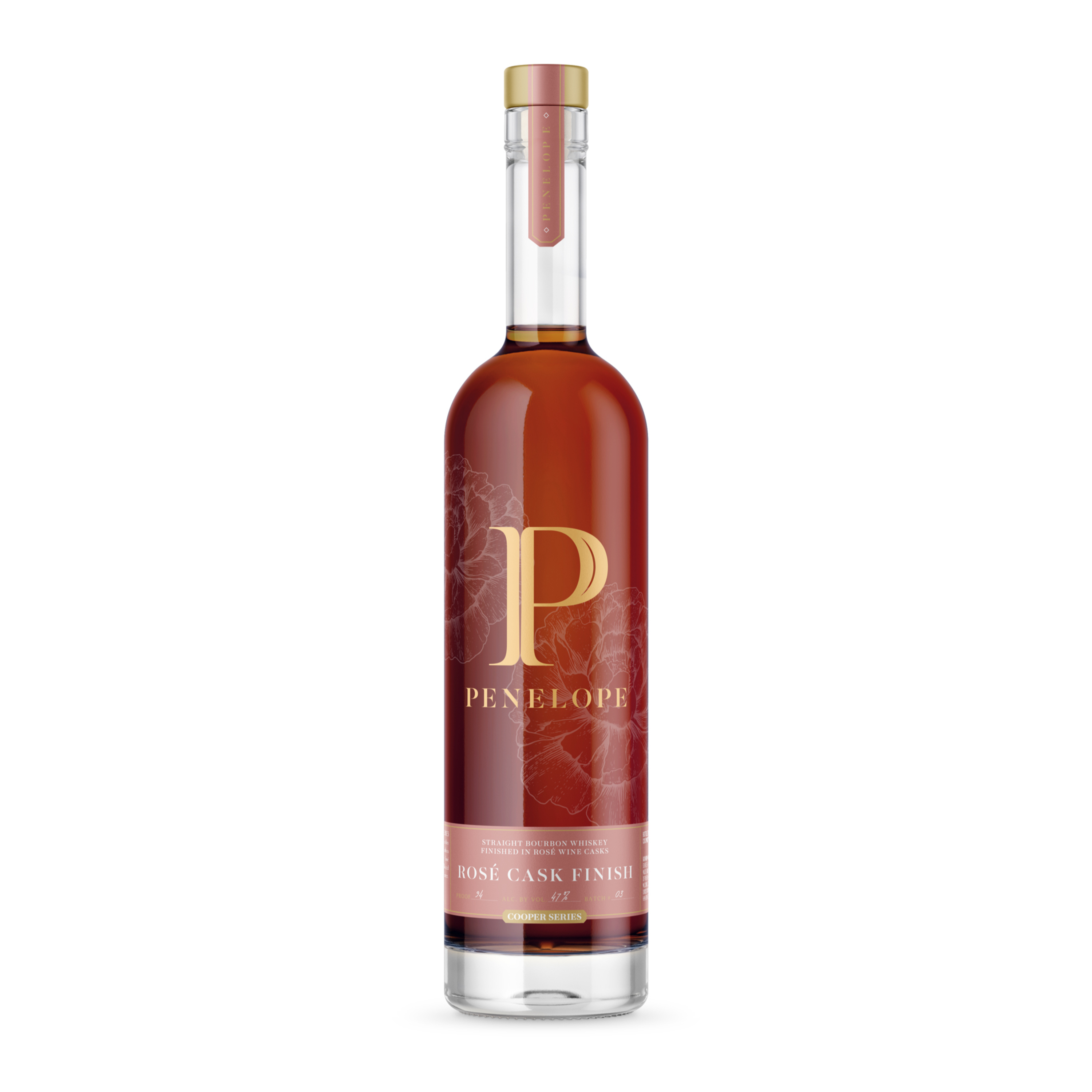 Penelope Bourbon Rose Cask Finish Whiskey in a clear glass bottle with a white label and gold accents, showcasing the Liquor Geeks branding.