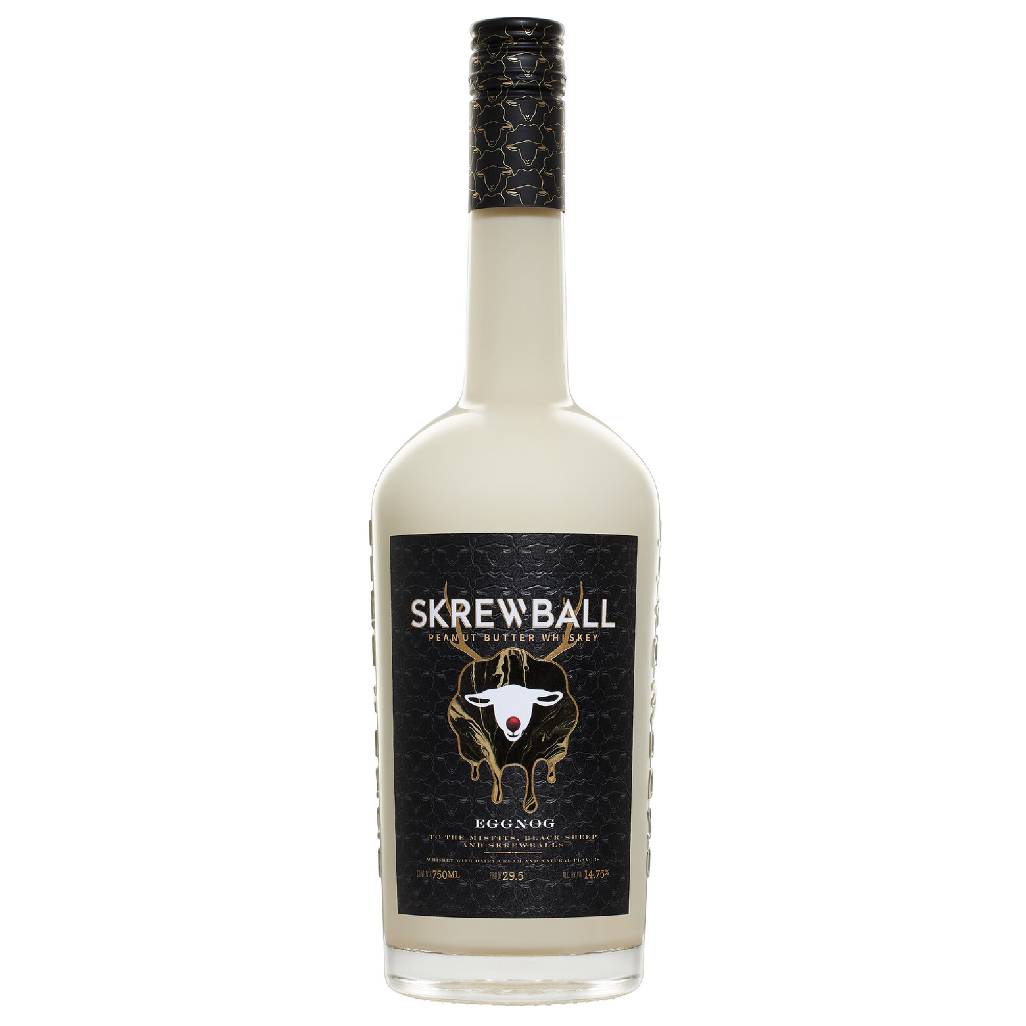 Liquor Geeks Skrewball Eggnog whiskey bottle, 750 ml, featuring a festive label and dark amber liquid in a clear glass bottle.