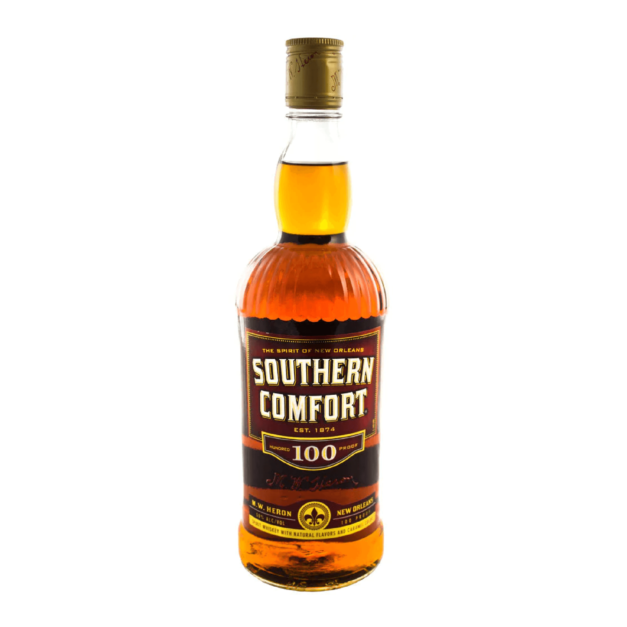 Bottle of Southern Comfort Spirit Whiskey by Liquor Geeks, 750ml, showing the label and amber-colored whiskey inside.