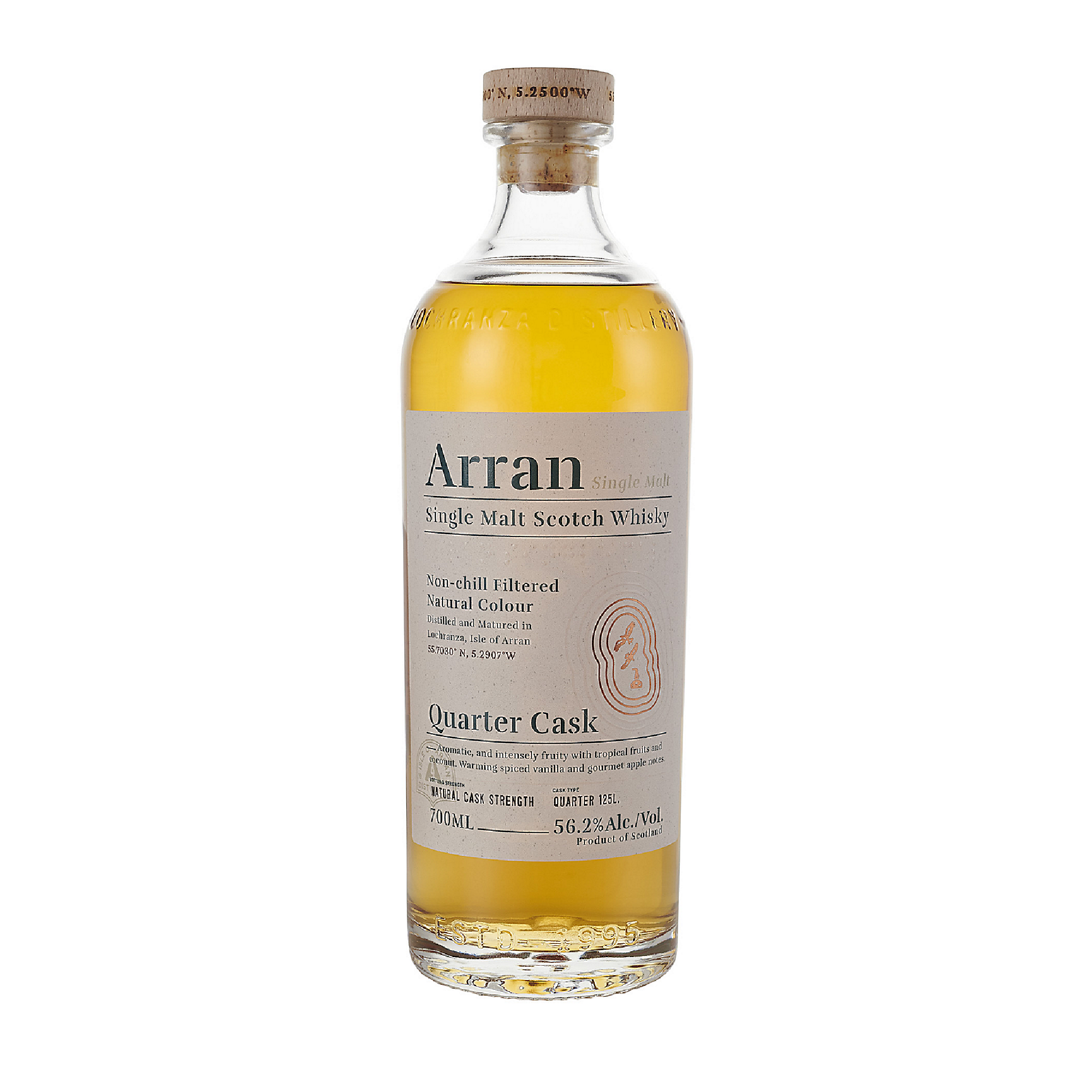 Bottle of Liquor Geeks The Arran Malt Single Malt Scotch Quarter Cask Whiskey in clear glass with label, 750 ml size.
