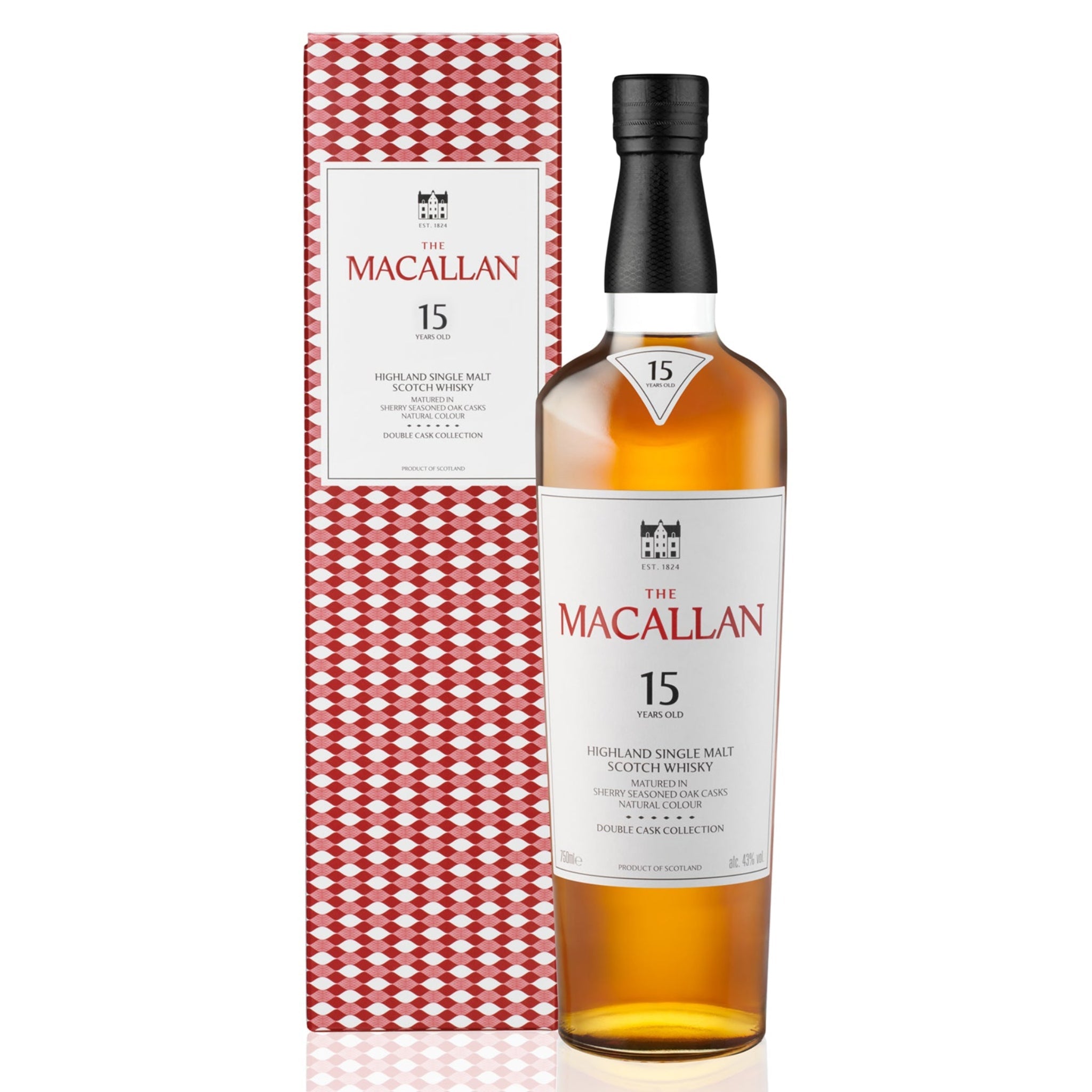 Bottle of The Macallan Double Cask 15 Years Old Single Malt Scotch Whiskey in clear glass with a dark label and amber liquid inside.
