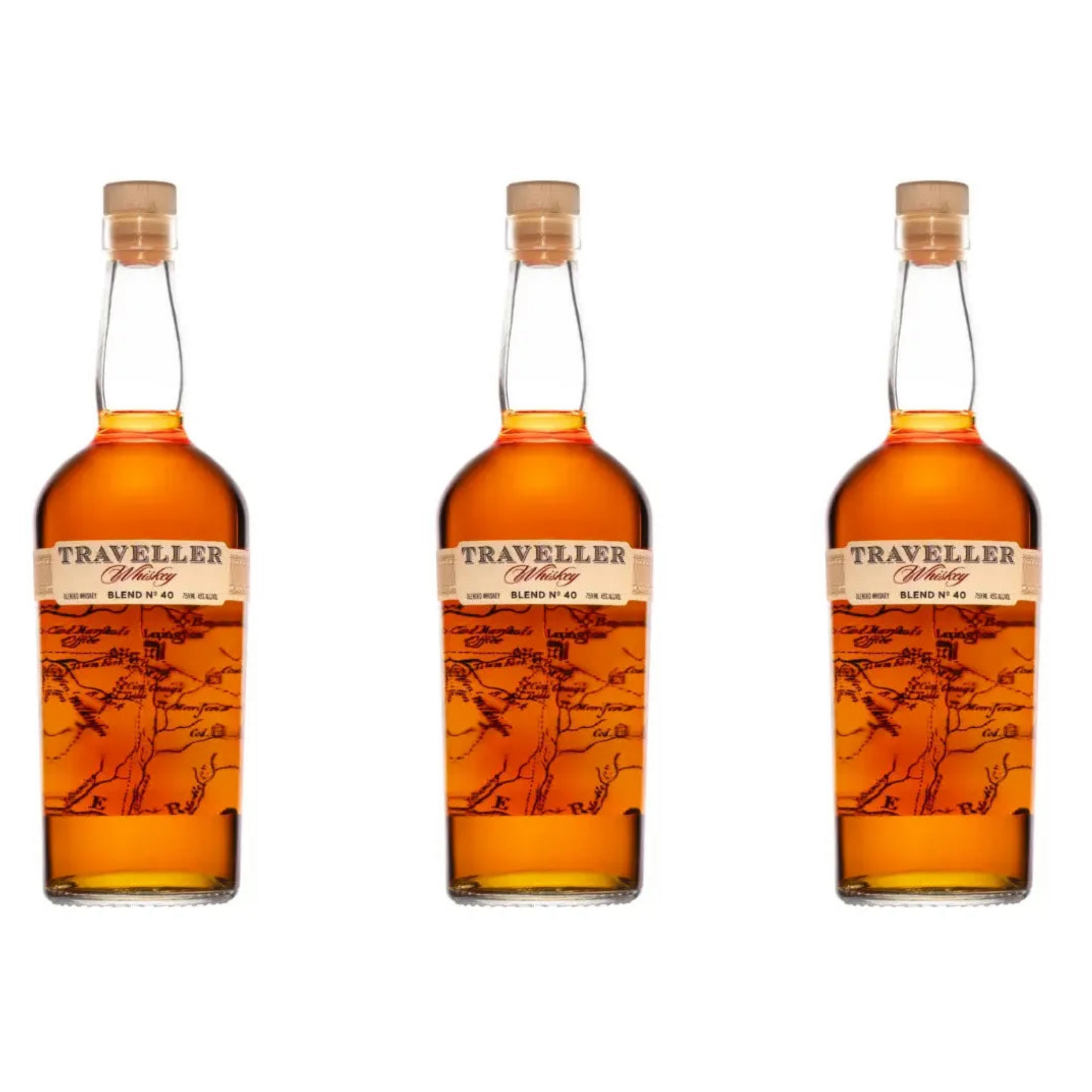 Three 750ml bottles of Traveller Blend No. 40 Whiskey by Chris Stapleton and Buffalo Trace in Liquor Geeks packaging.
