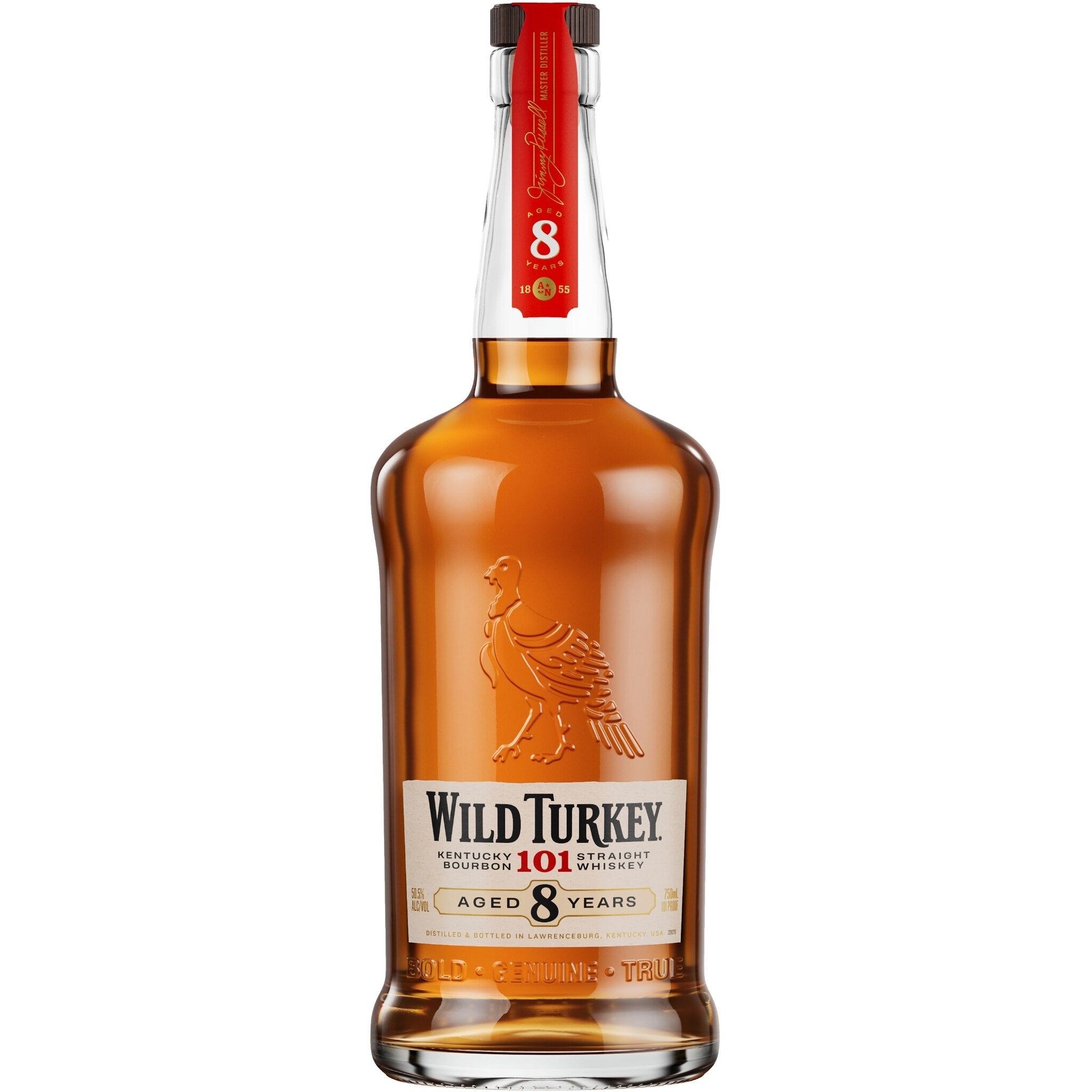 Wild Turkey 101 Kentucky Straight Bourbon Whiskey bottle with label, aged 8 years, in a clear glass bottle.
