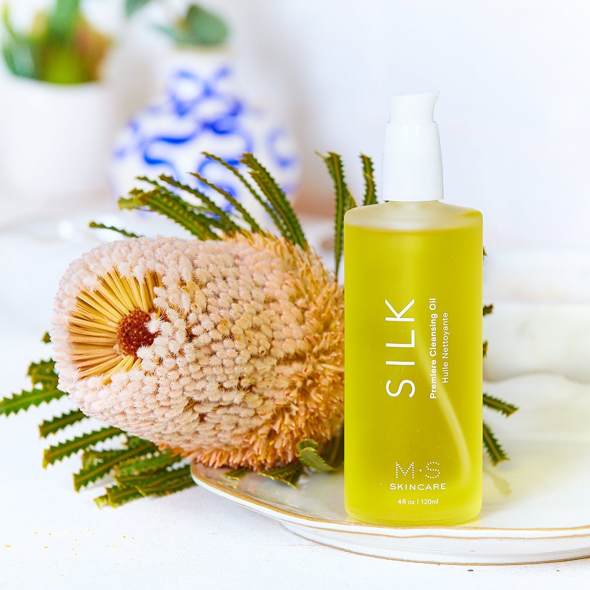 M.S Skincare Silk Ayurvedic facial oil bottle with dropper, showcasing the elegant glass container and product label.