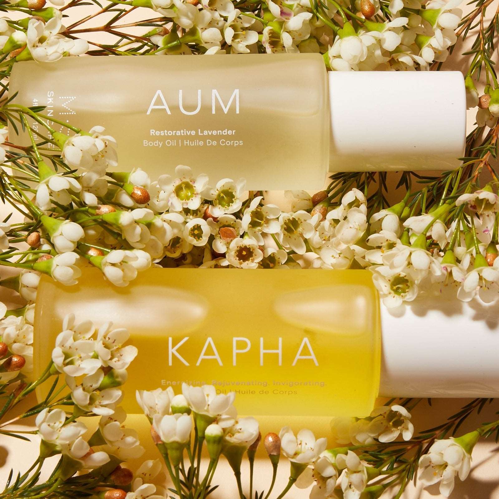 M.S Skincare AUM Ayurvedic oil bottle with natural herbal ingredients in a clear glass container.