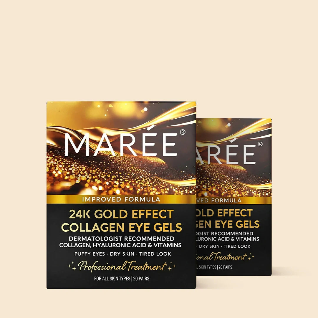 Maree 24K Gold Anti-Aging Eye Patches shown on under-eye area, featuring gold-infused gel eye masks for rejuvenation and hydration.