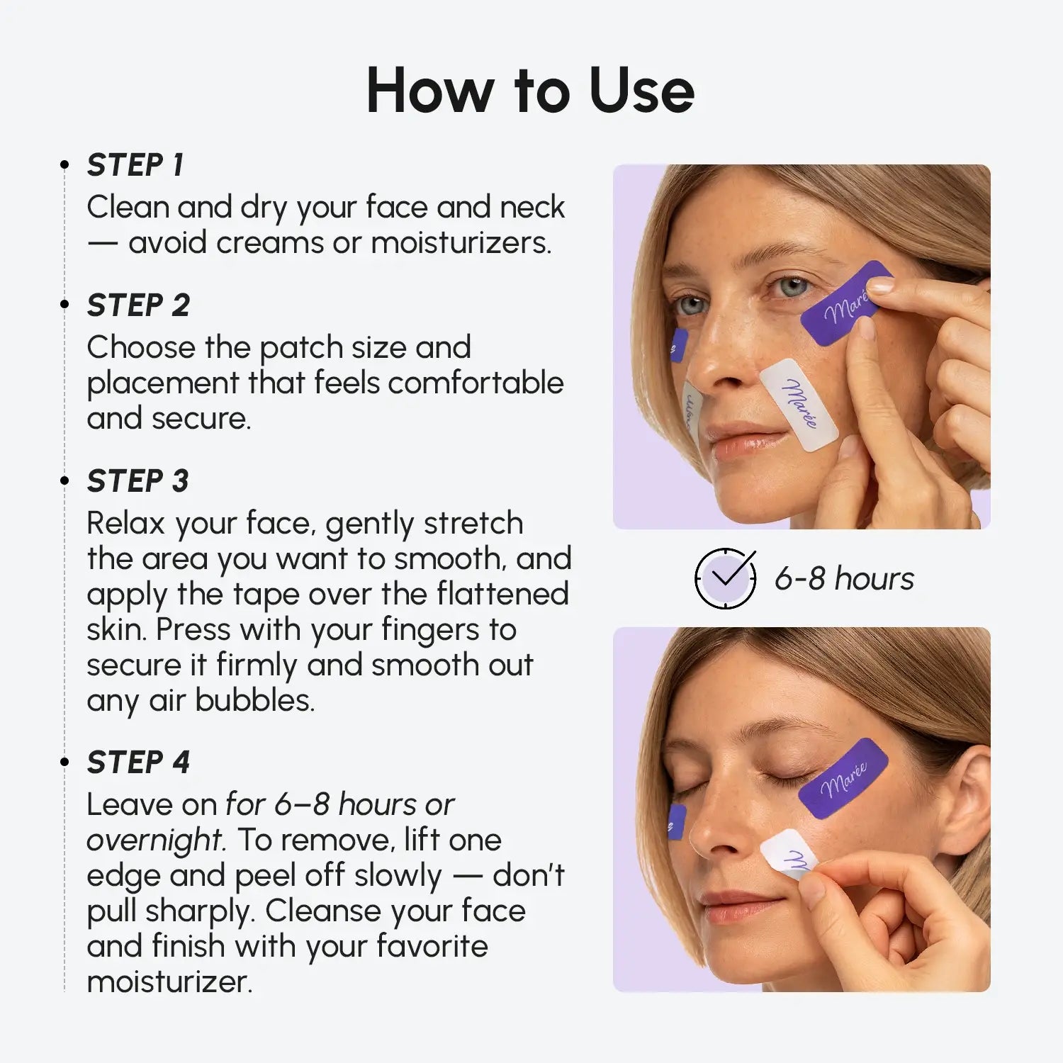 Maree anti-wrinkle tape patches applied to skin to reduce fine lines and wrinkles, showcasing their discreet, flexible design.