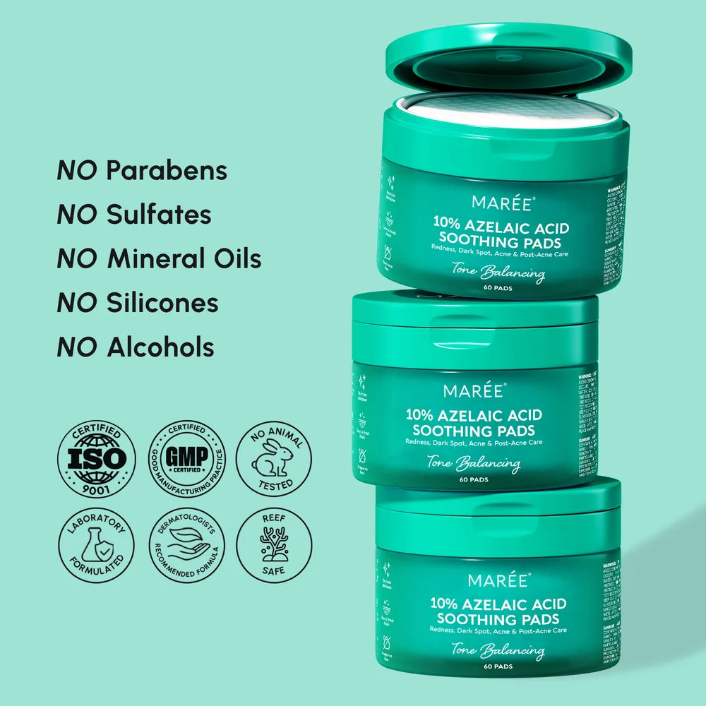 Maree Azelaic Acid Soothing Pads in a jar, showing the pads with a textured surface for gentle skin exfoliation and calming.