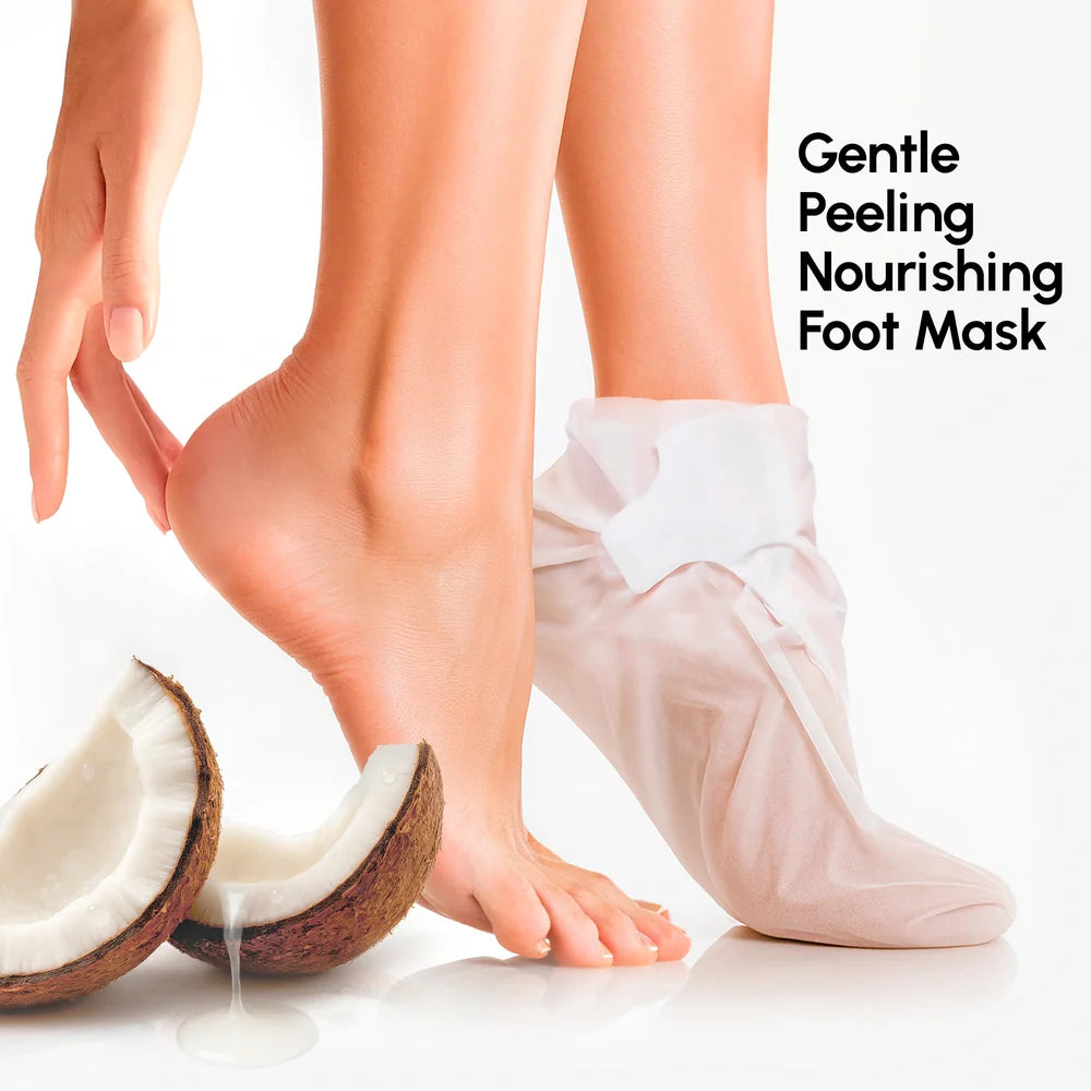 Maree exfoliating and hydrating foot mask in a white tube, designed to soften and renew dry, rough feet.