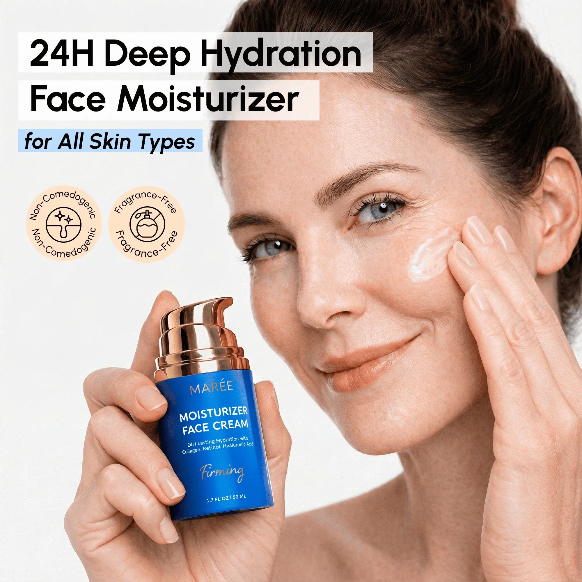 Maree Firming & Lifting Collagen Moisturizer face cream in a gold jar, smooth texture, designed to hydrate and tighten skin.