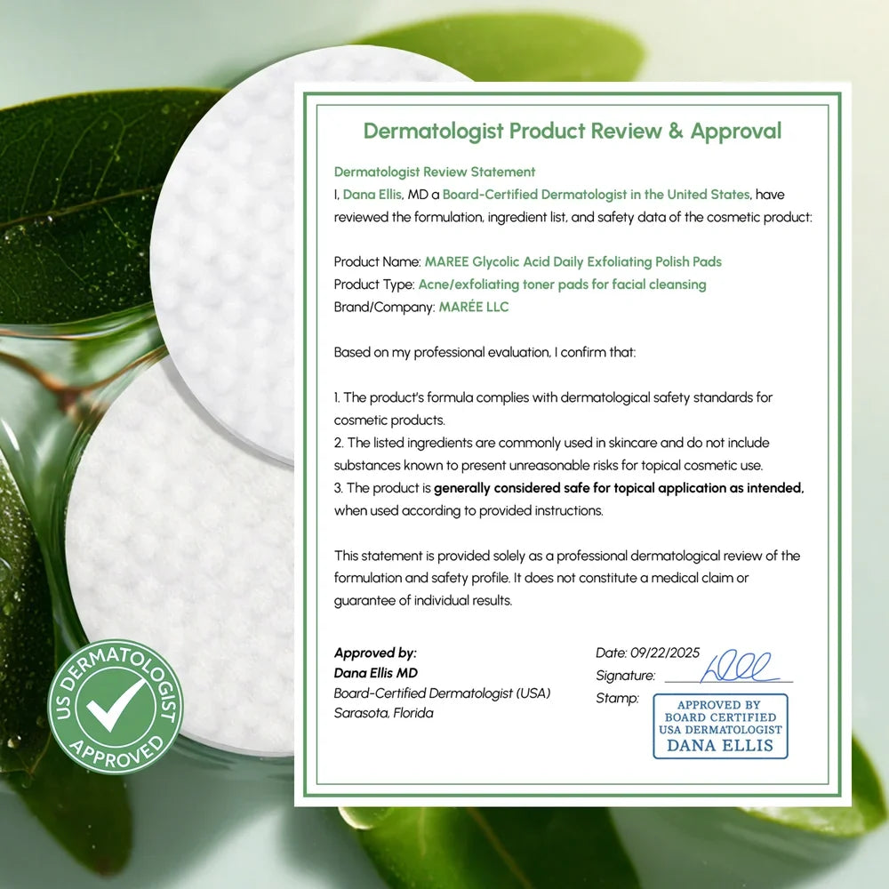 Maree Glycolic Acid Exfoliating Pads with natural ingredients, showing a container of skincare pads for gentle exfoliation.