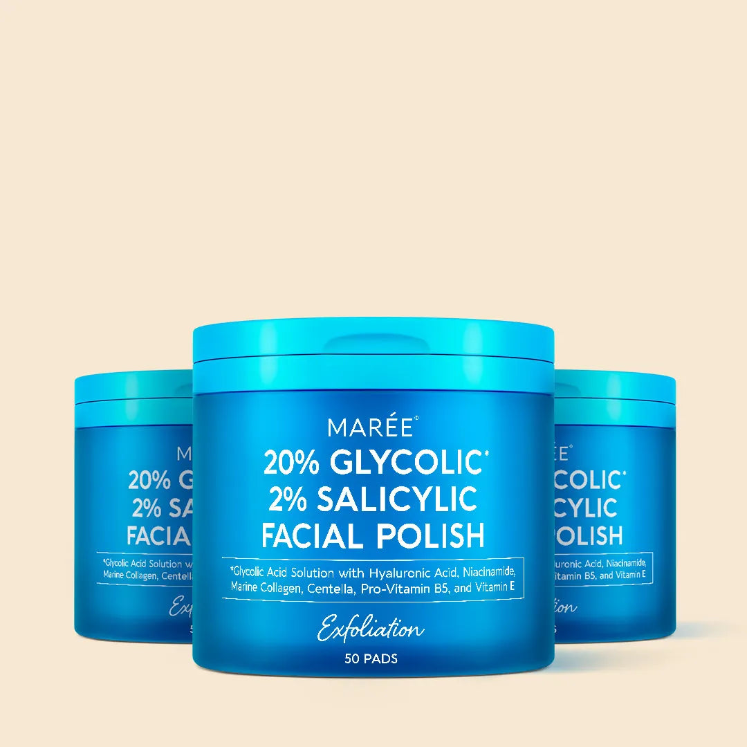Maree Glycolic and Salicylic Acid Peel Pads in a jar, showing the textured pads ready for facial skincare treatment.