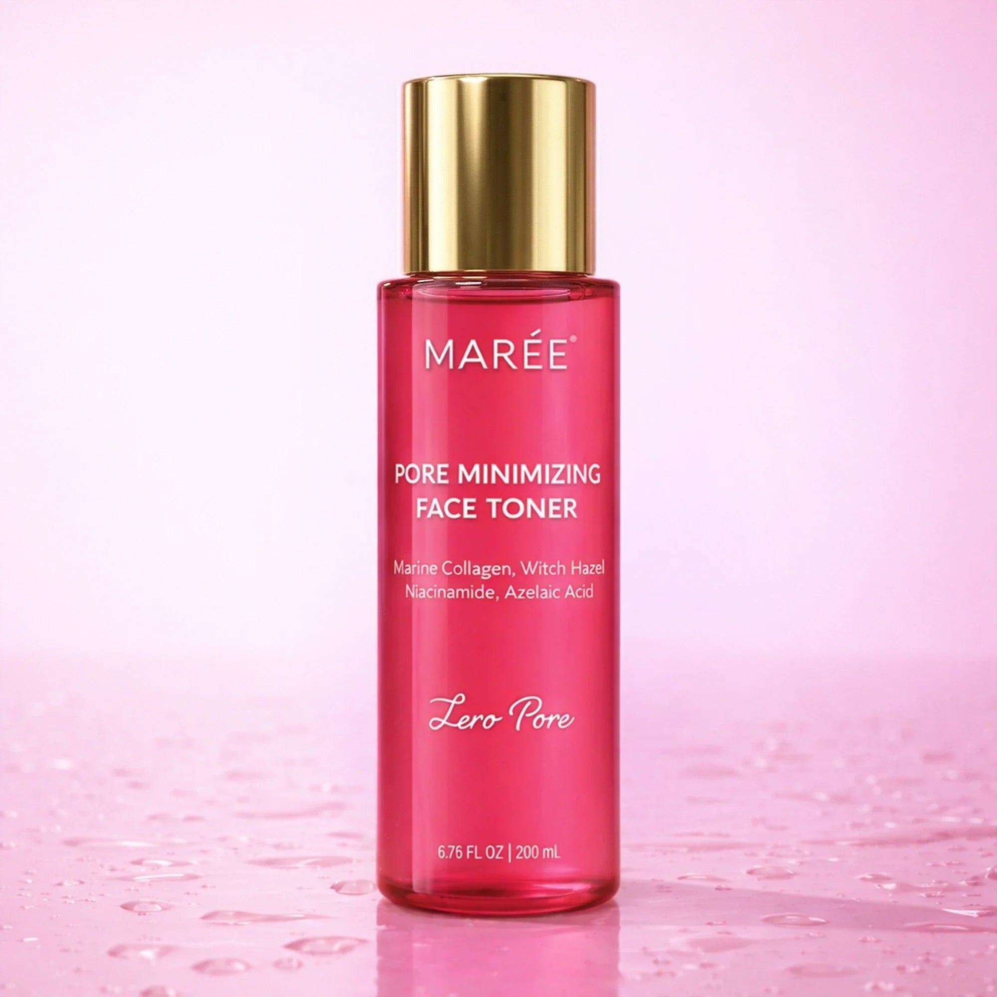 Maree Hydrating Pore Refining Toner bottle with a clear liquid inside, suitable for skincare and pore refinement.