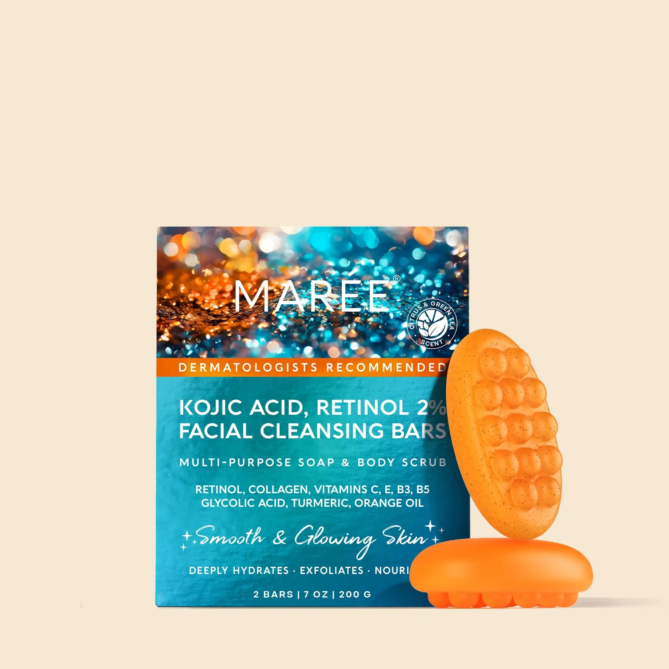 Maree Turmeric Kojic Soap and Scrub set with a bar of soap and a scrub brush on a neutral background