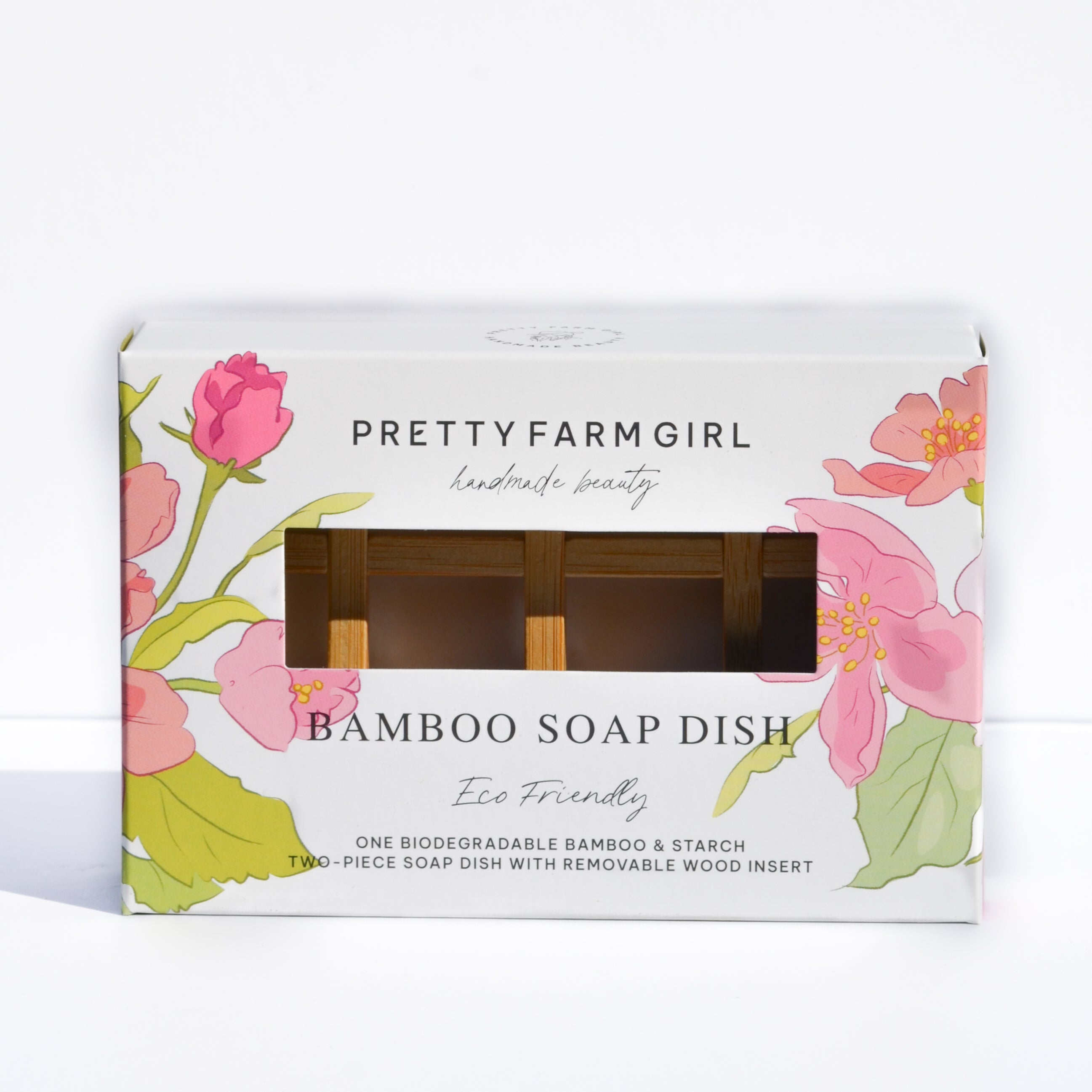 Pretty Farm Girl bamboo soap dish with a face sponge resting inside, showcasing natural eco-friendly bathroom accessories.